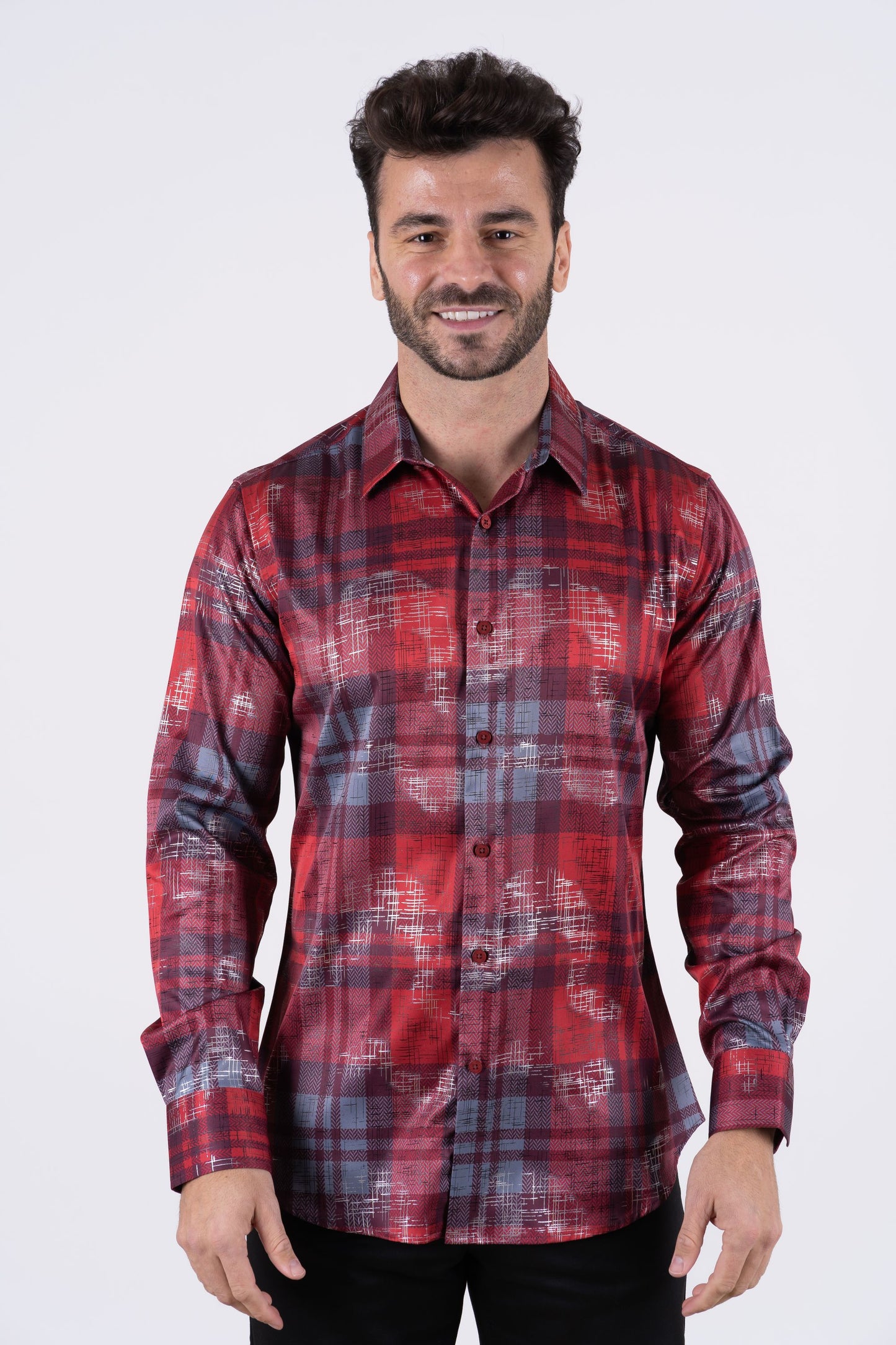 Men's Satin Red Digital Print Dress Shirt