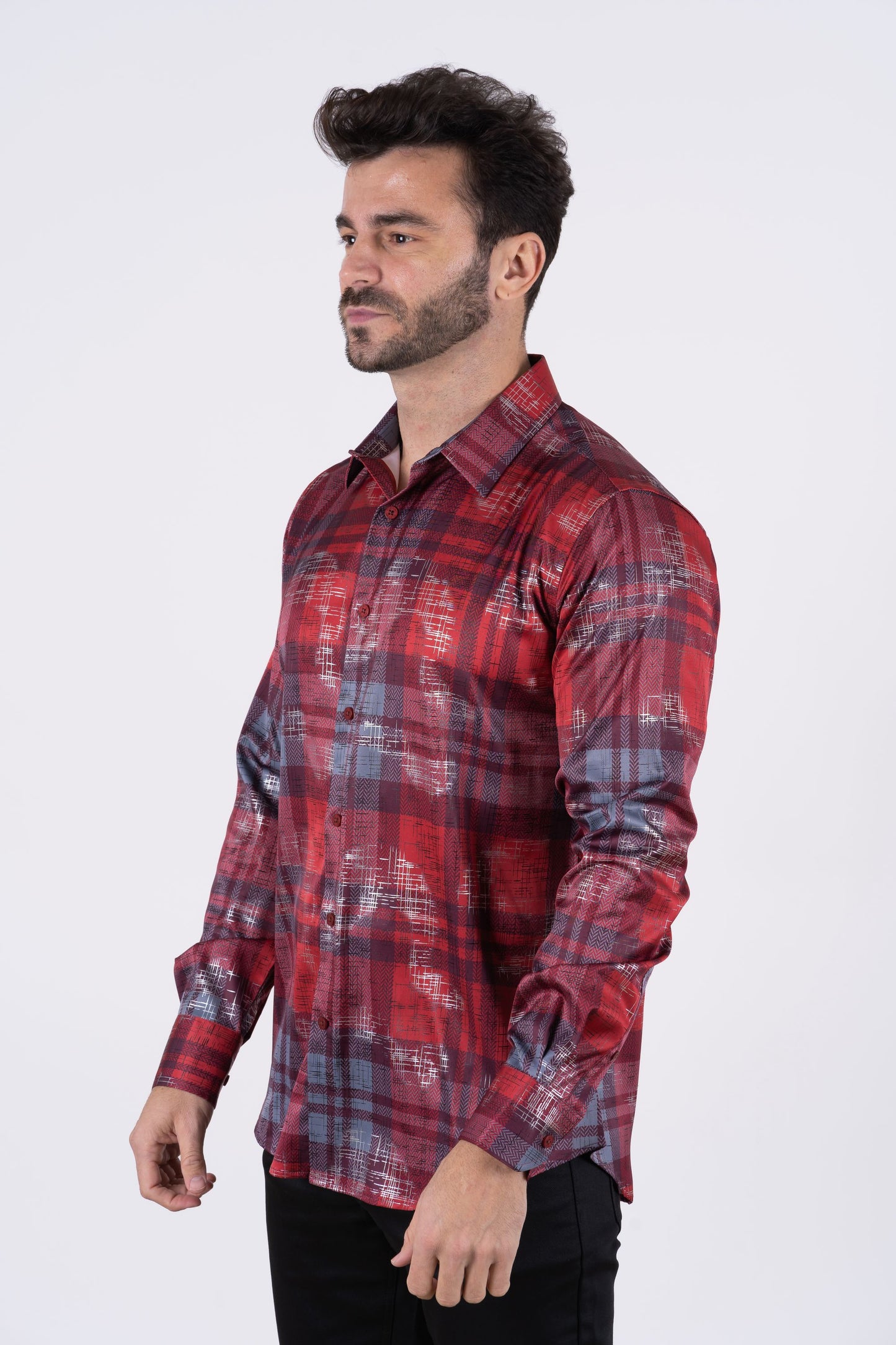 Men's Satin Red Digital Print Dress Shirt