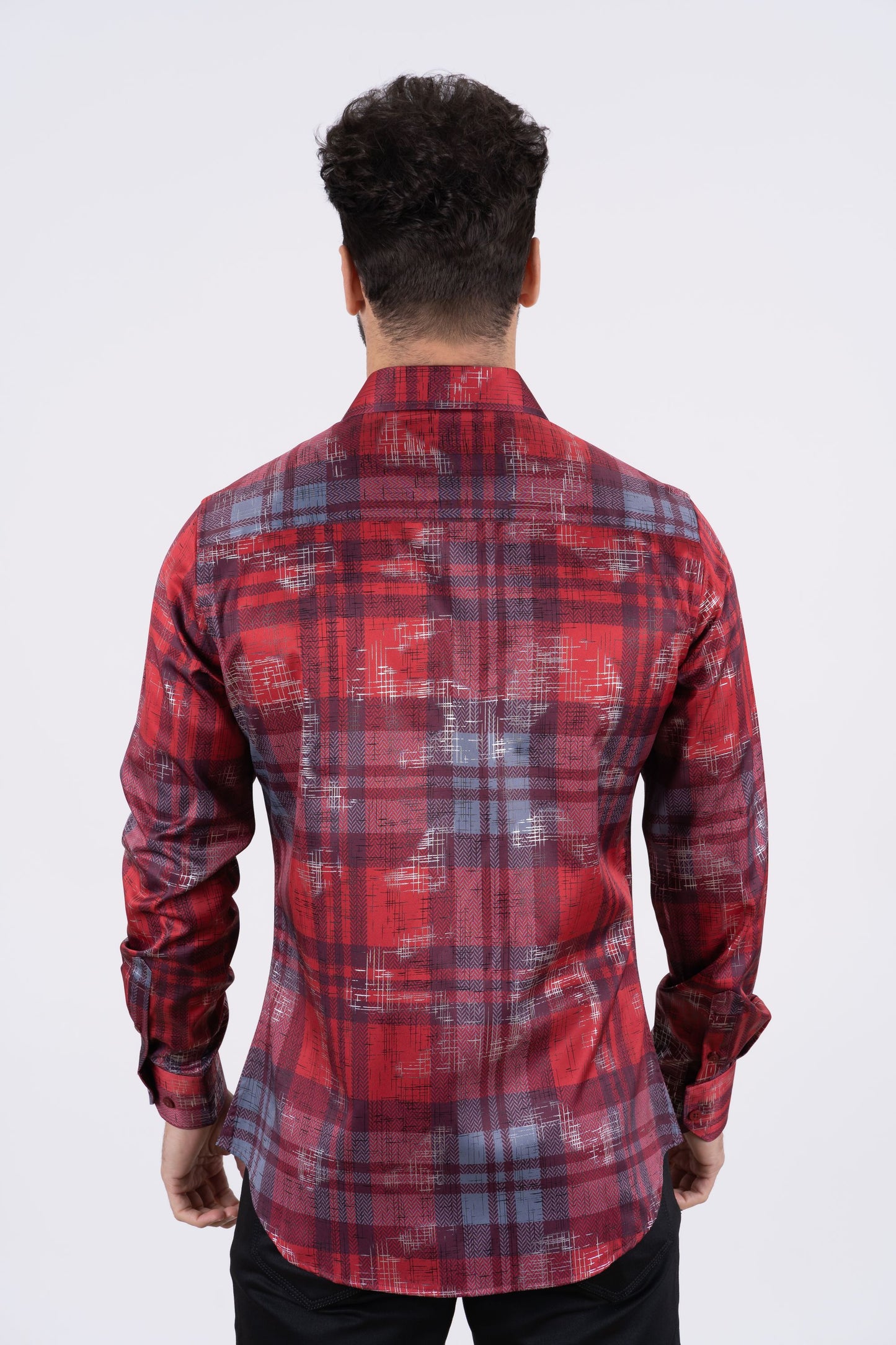 Men's Satin Red Digital Print Dress Shirt