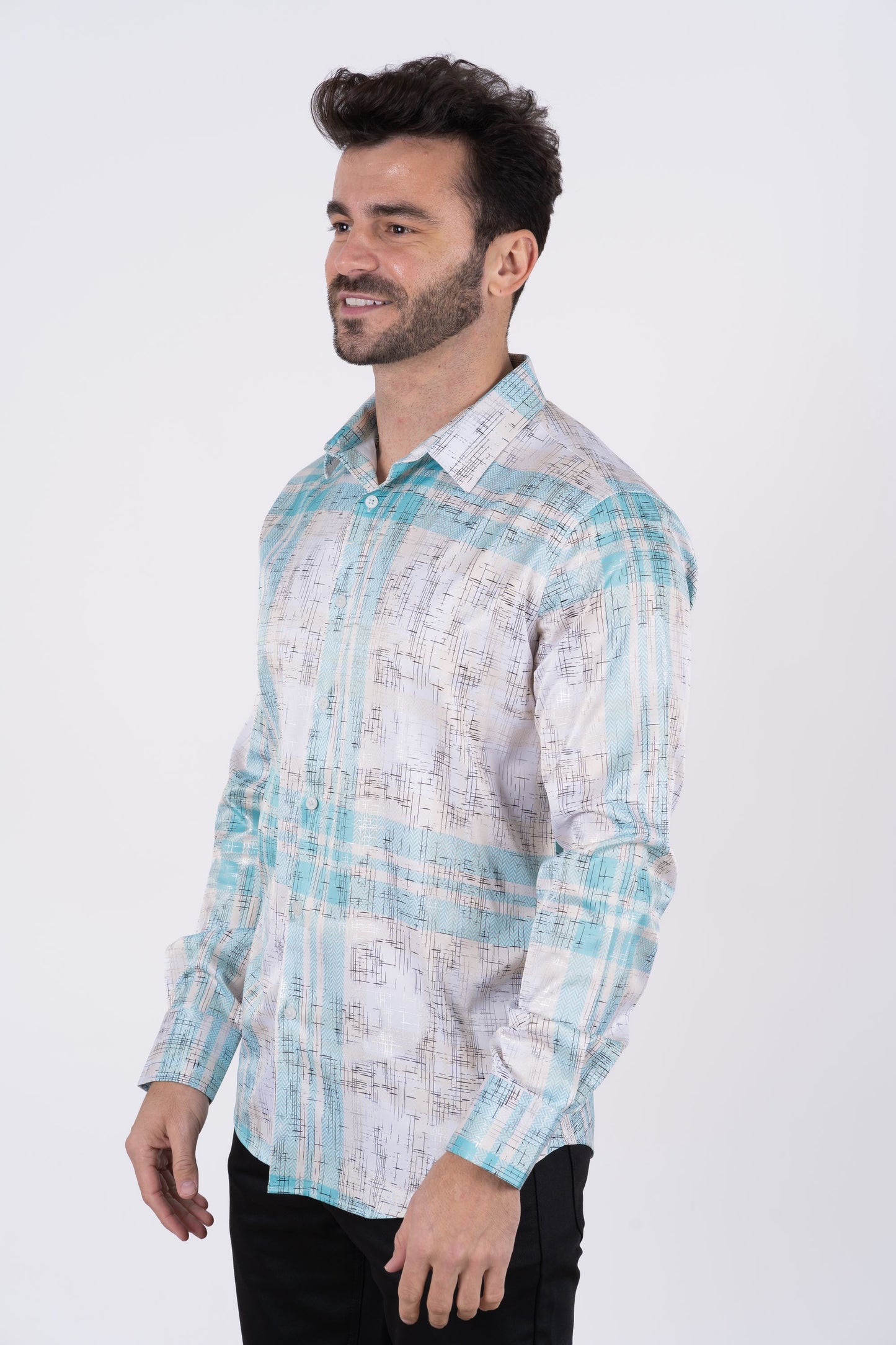 Men's Satin White Digital Print Dress Shirt