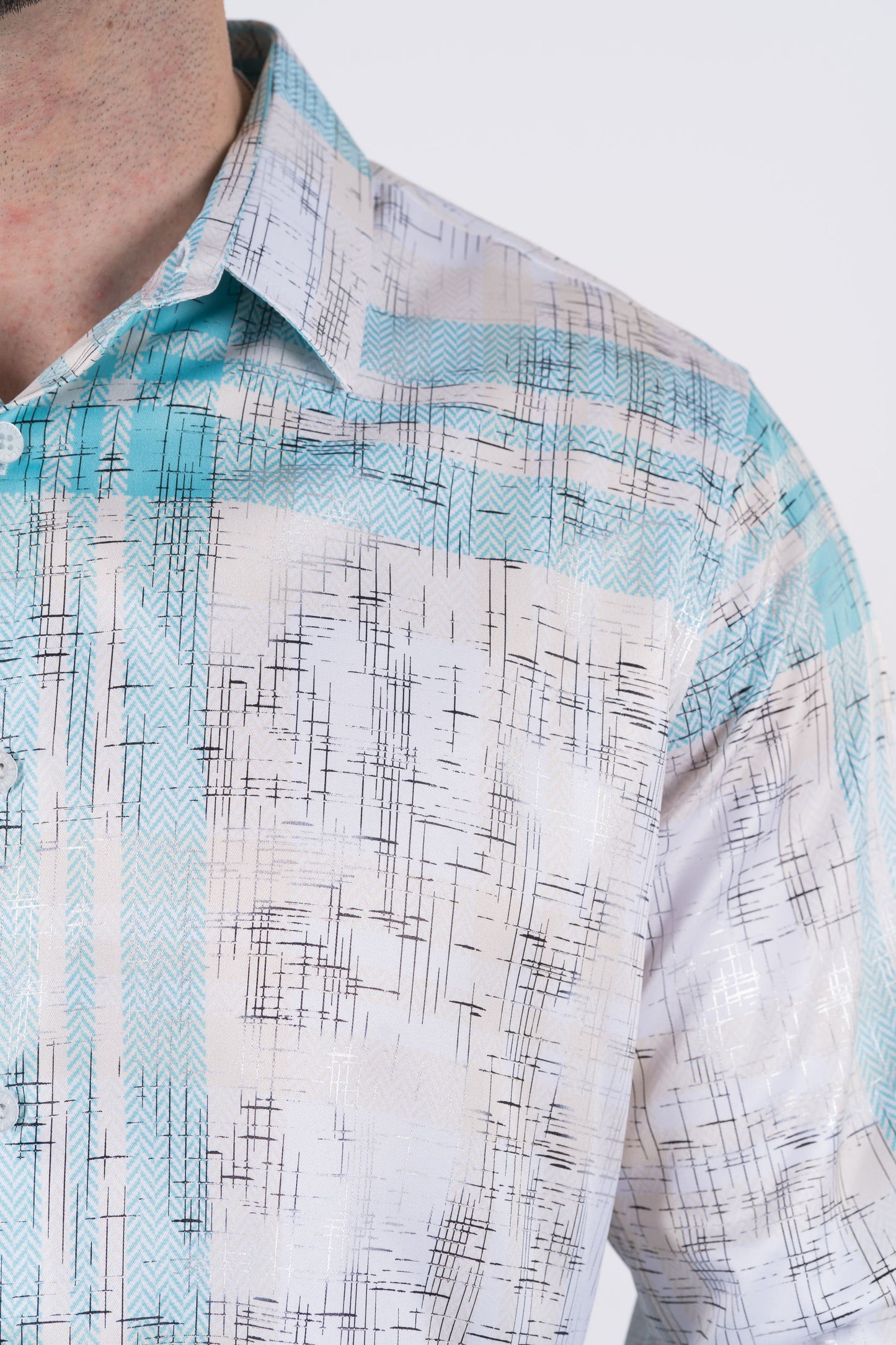 Men's Satin White Digital Print Dress Shirt