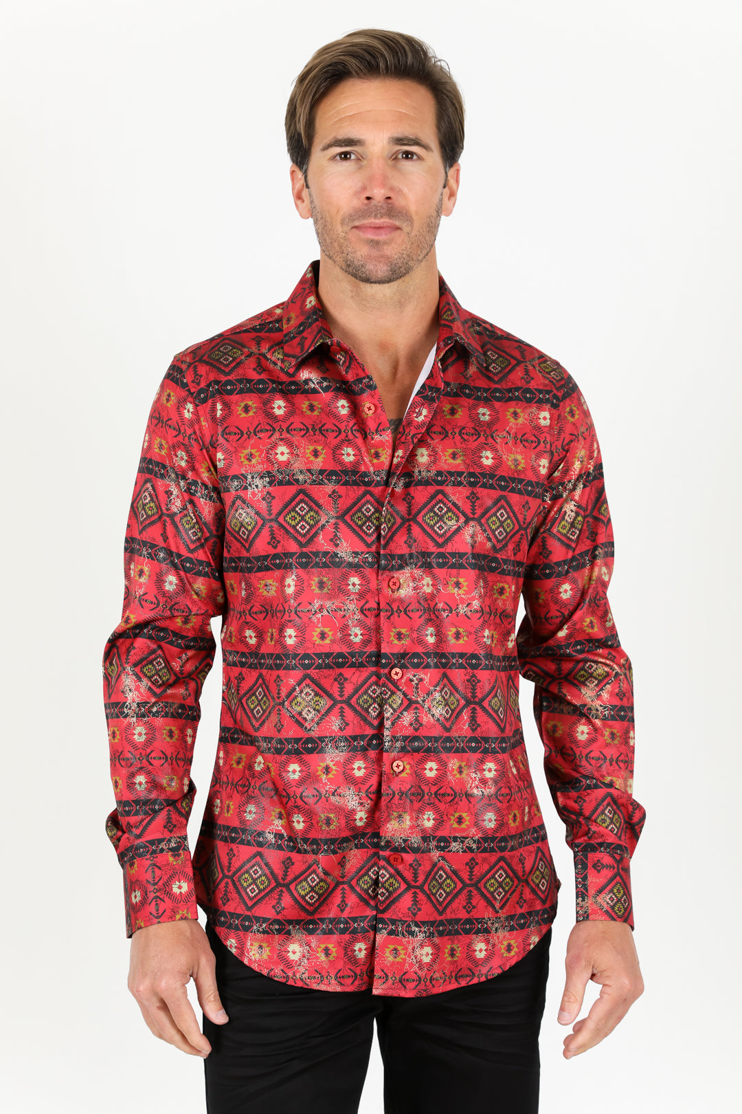 Satin Aztec Printed Dress Shirt - Red