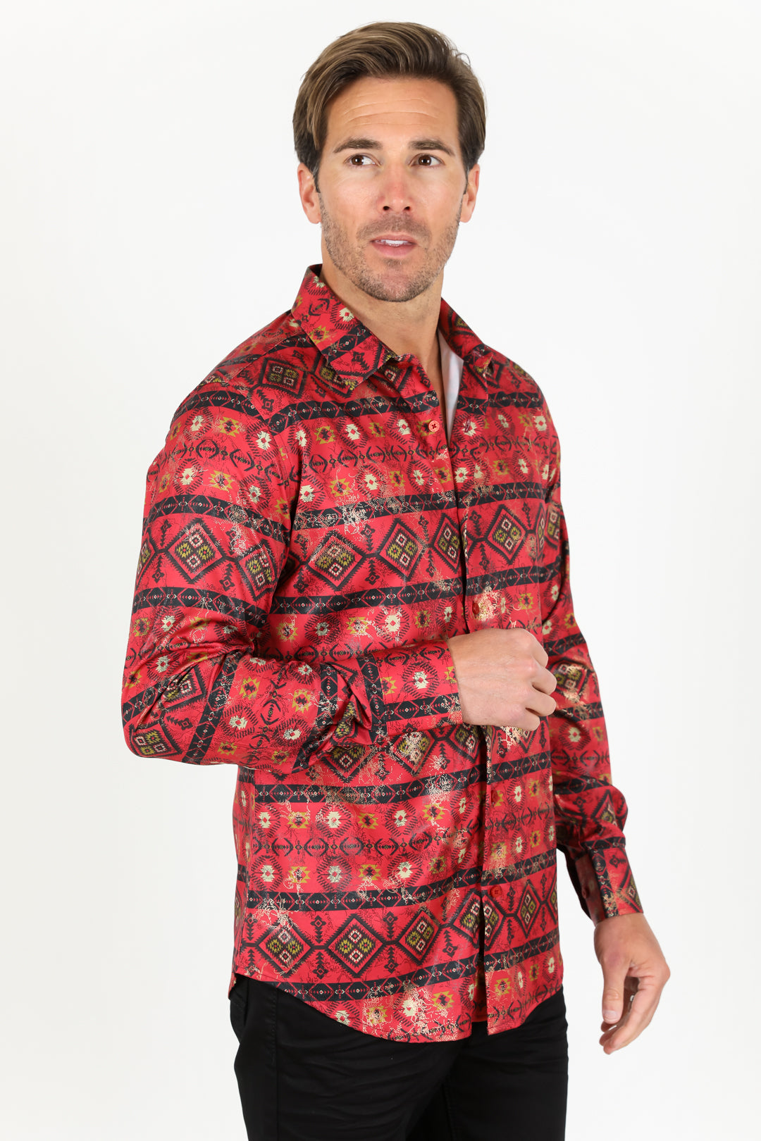 Satin Aztec Printed Dress Shirt - Red