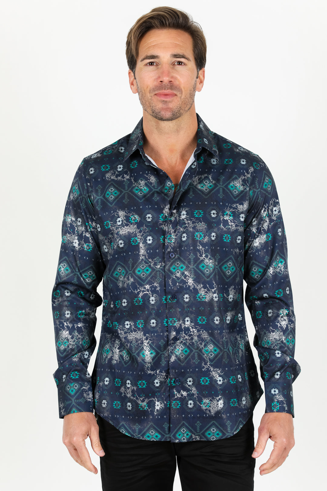 Satin Aztec Printed Dress Shirt - Navy