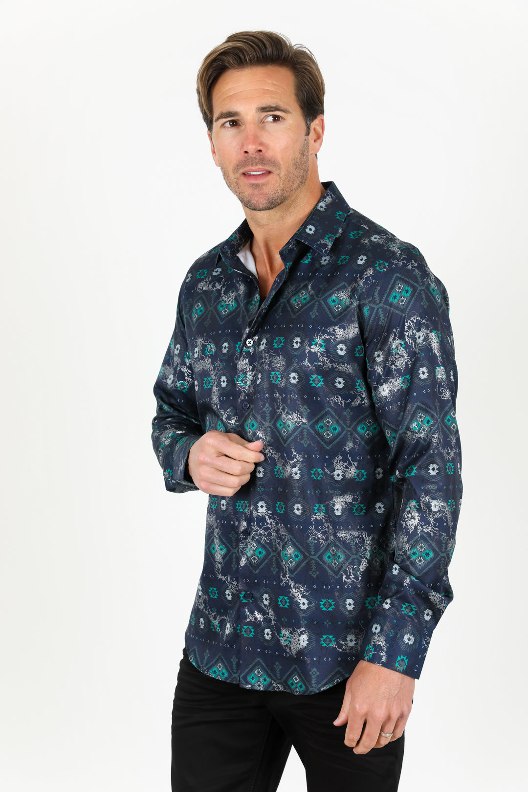 Satin Aztec Printed Dress Shirt - Navy