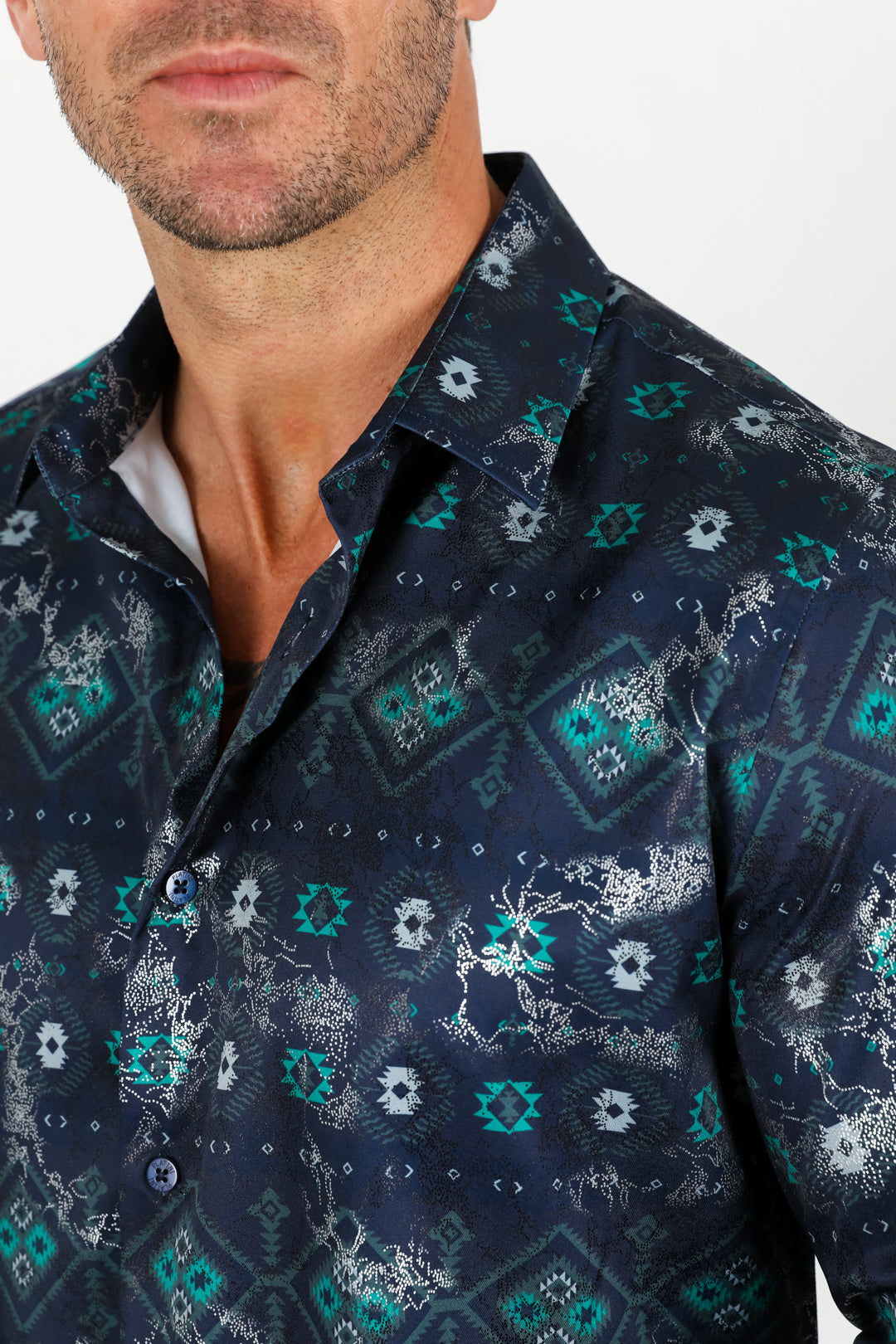 Satin Aztec Printed Dress Shirt - Navy