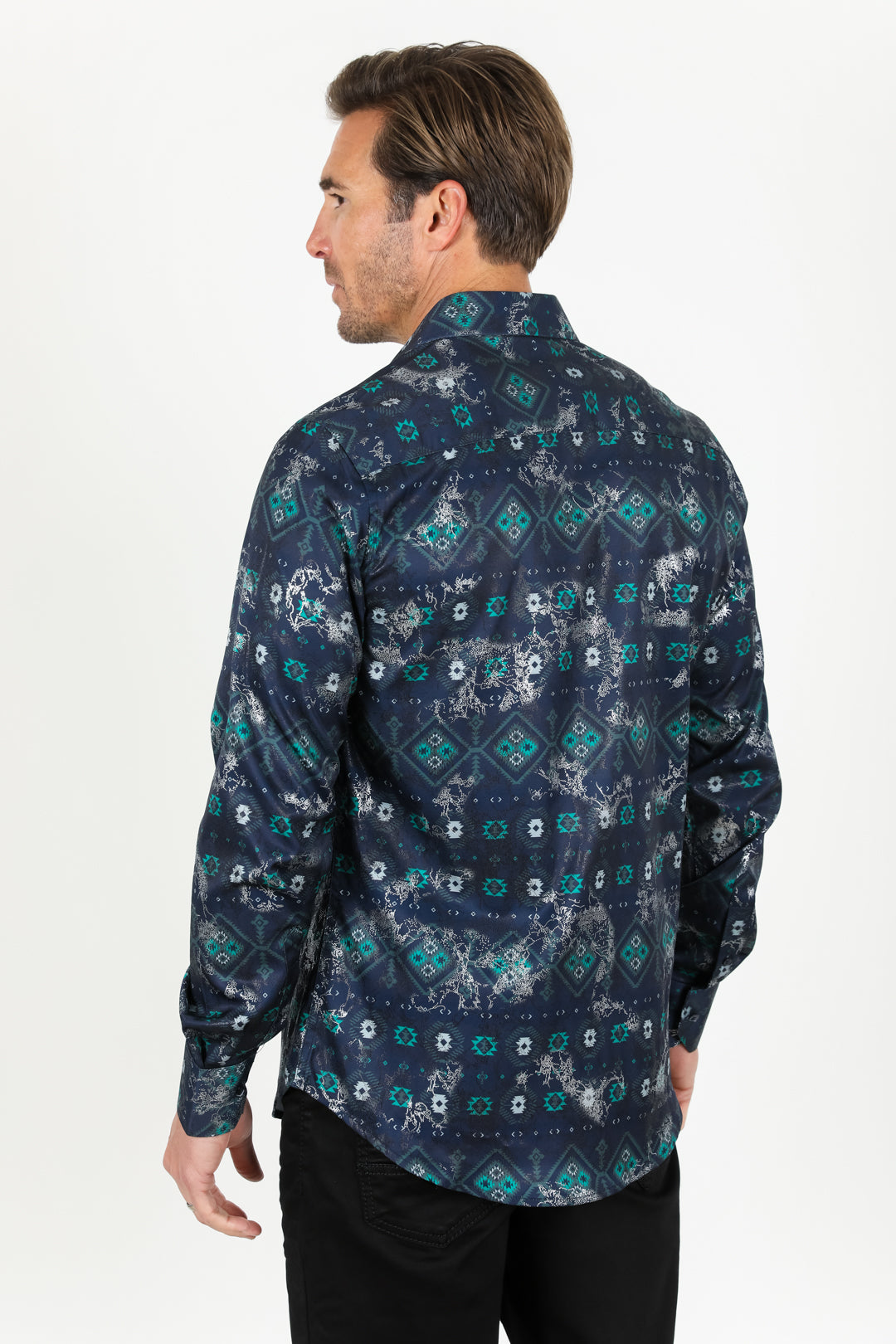 Satin Aztec Printed Dress Shirt - Navy