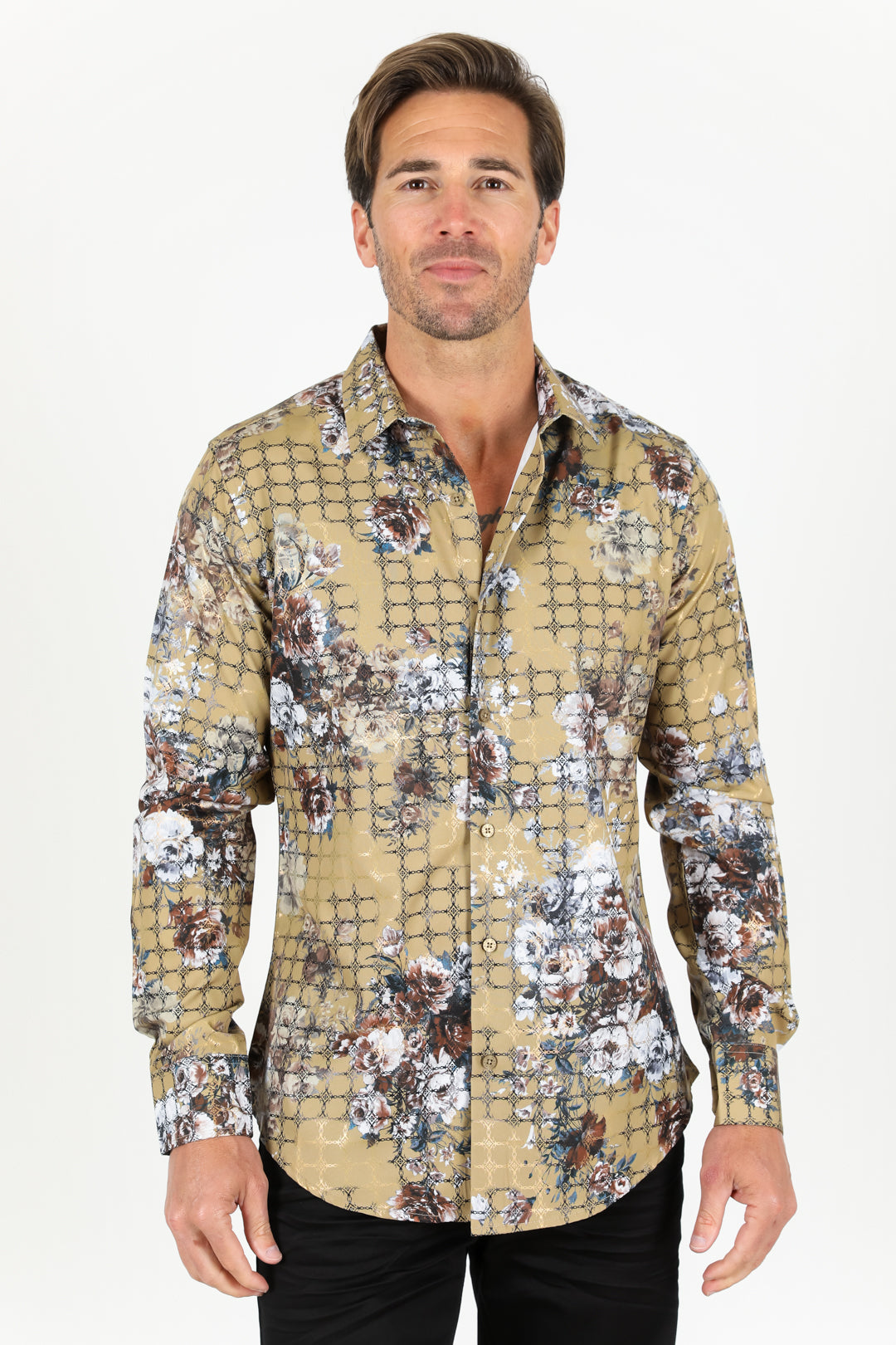 Mens Modern Fit Stretch Foiled Shirt - Khaki