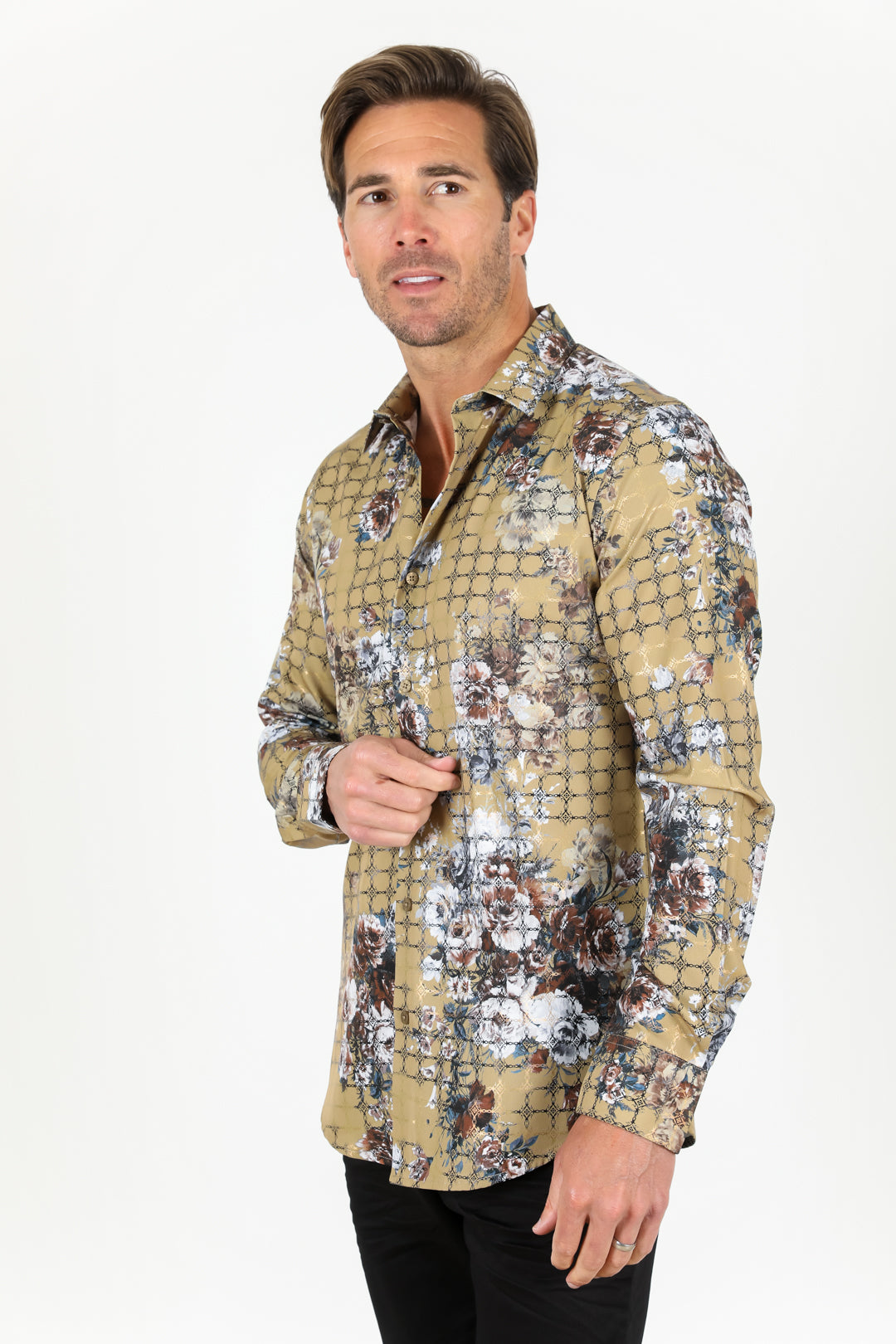 Mens Modern Fit Stretch Foiled Shirt - Khaki