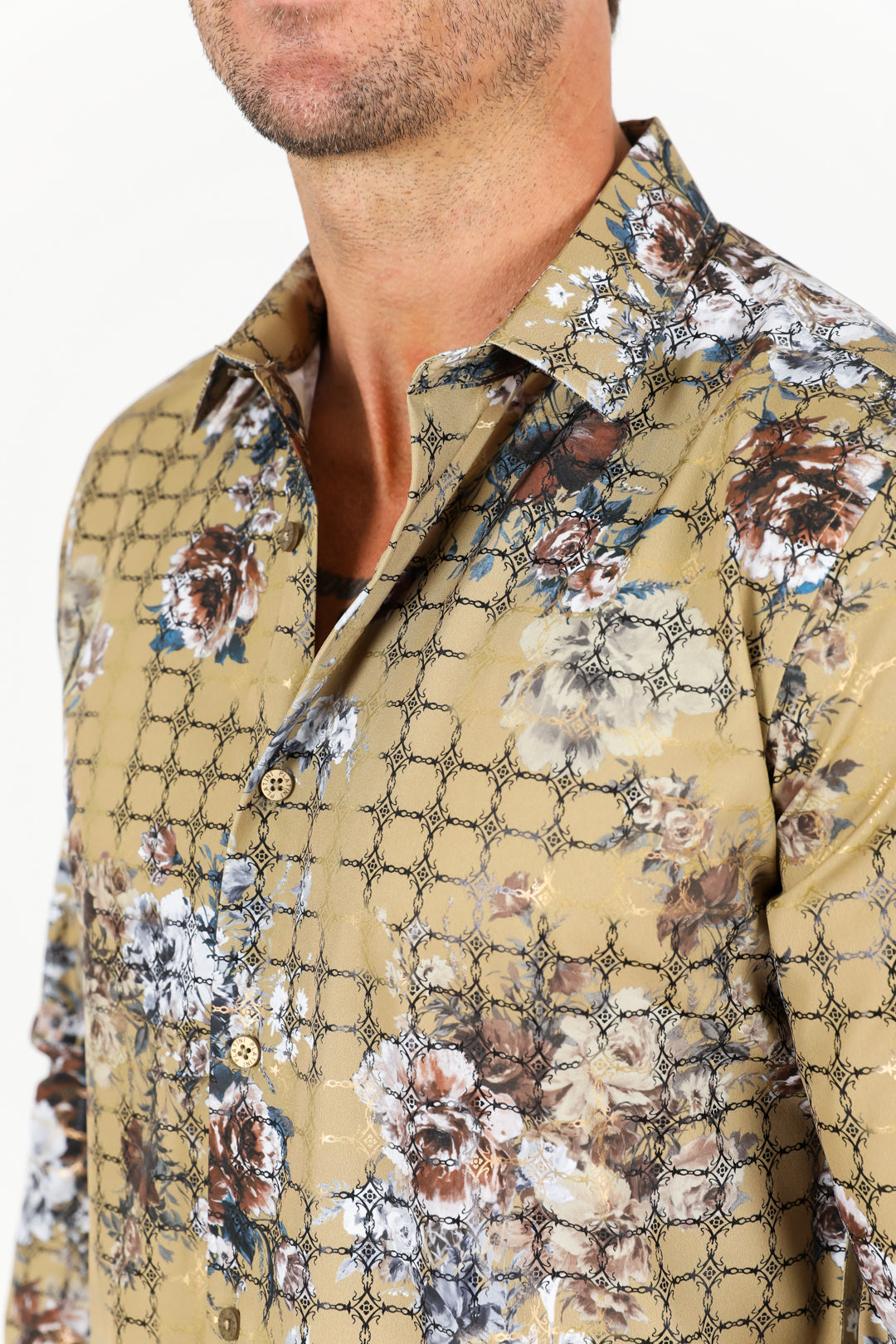 Mens Modern Fit Stretch Foiled Shirt - Khaki