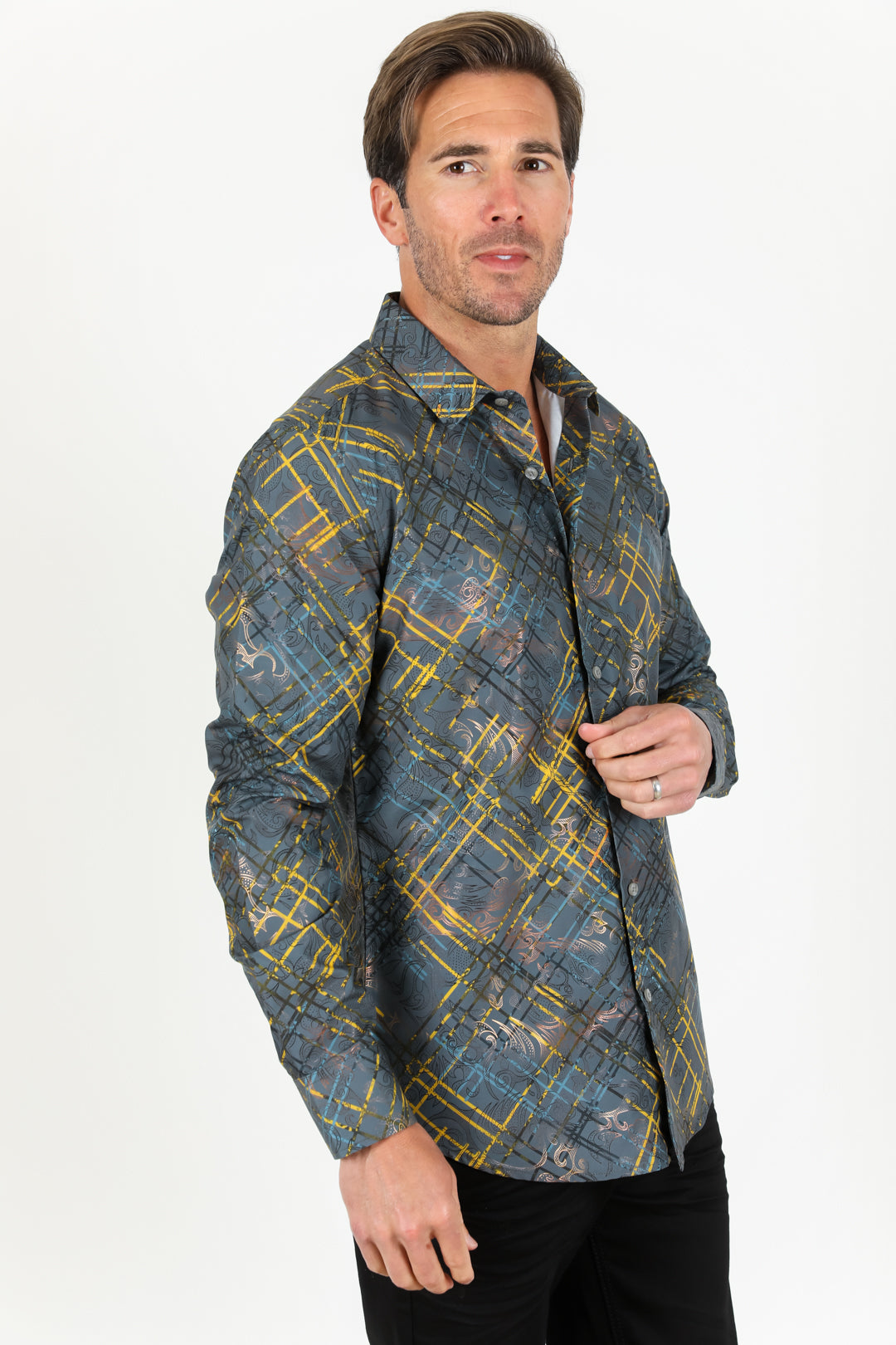 Mens Modern Fit Stretch Foiled Shirt - Gray