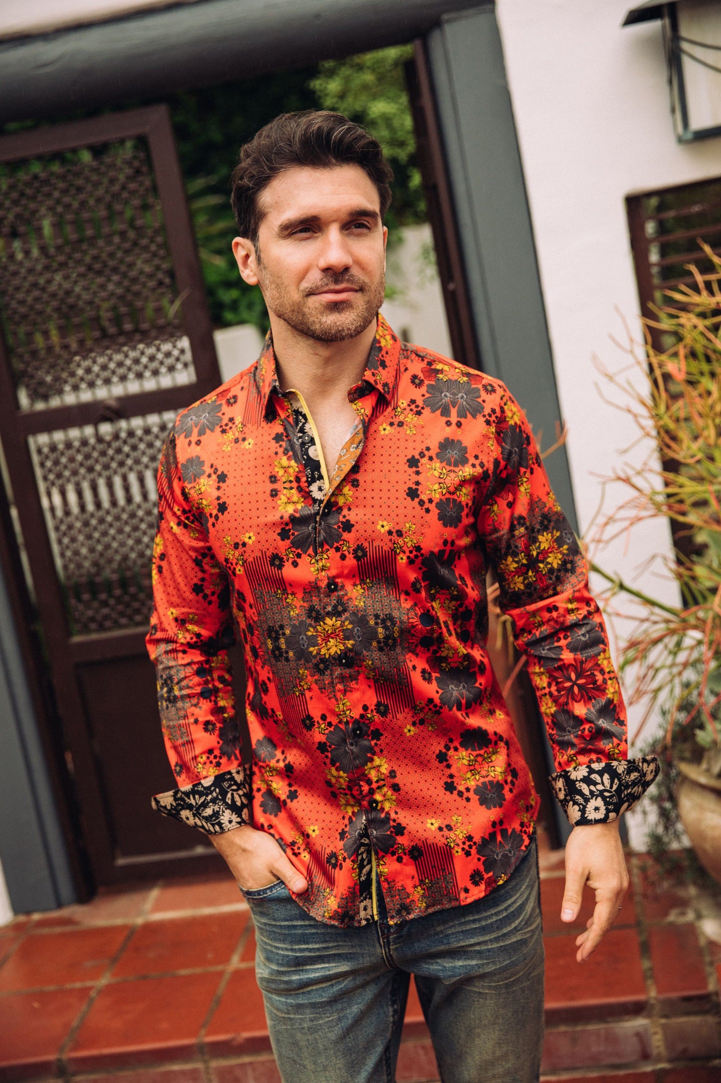 Floral Print Satin Shirt - Red