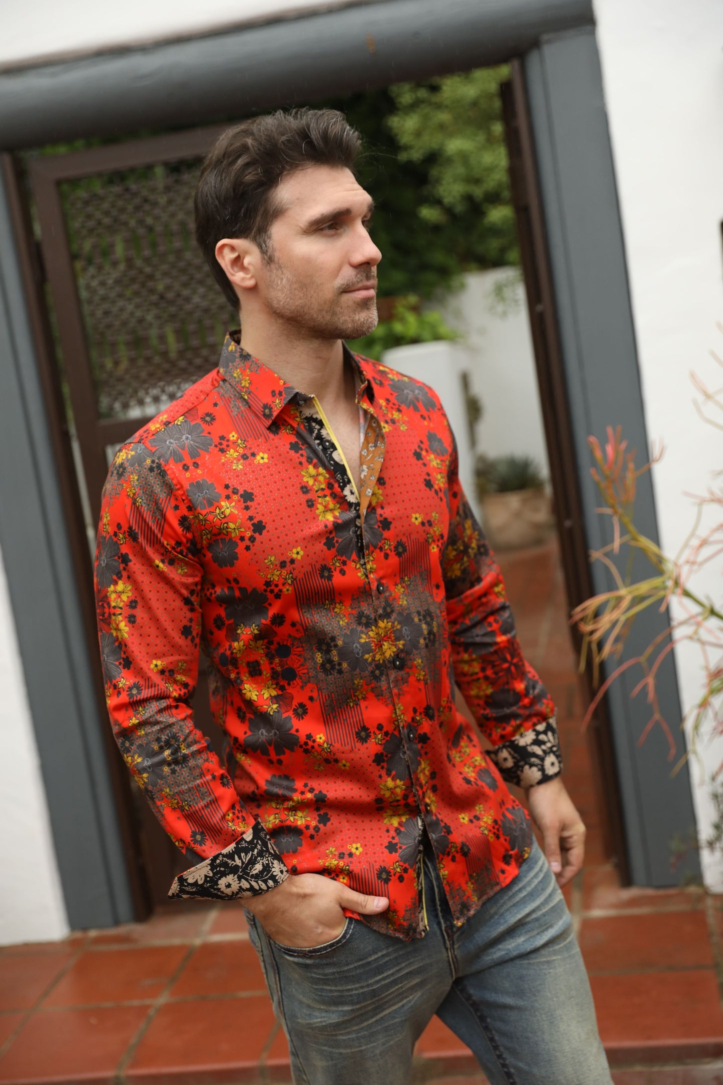 Floral Print Satin Shirt - Red