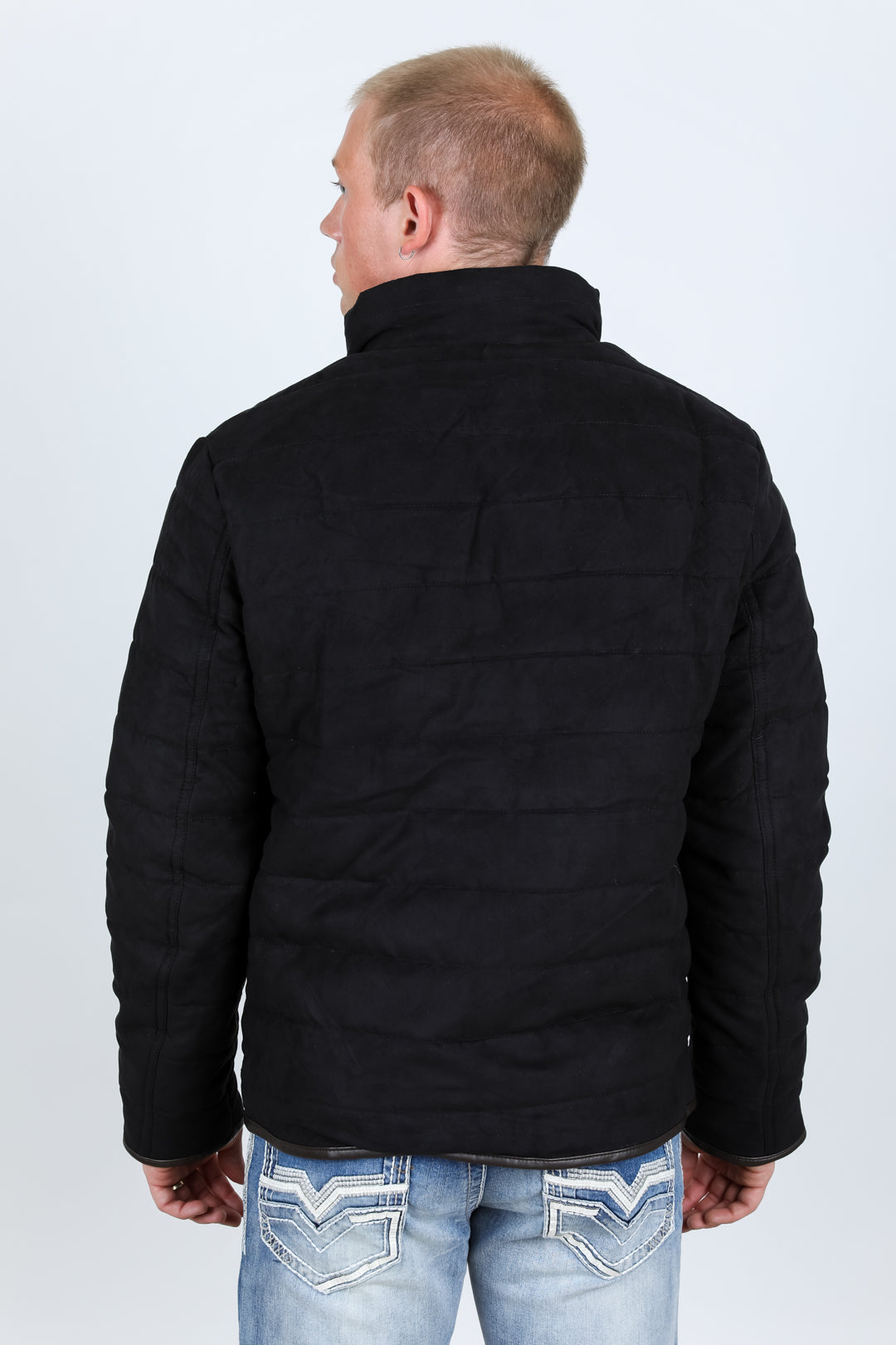 Mens Fur Lined Quilted Faux Suede Jacket - Black