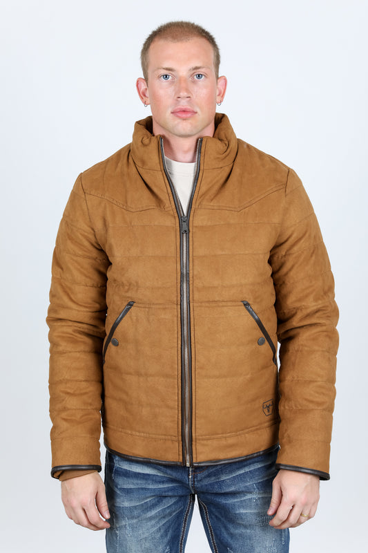 Mens Fur Lined Quilted Faux Suede Jacket - Camel