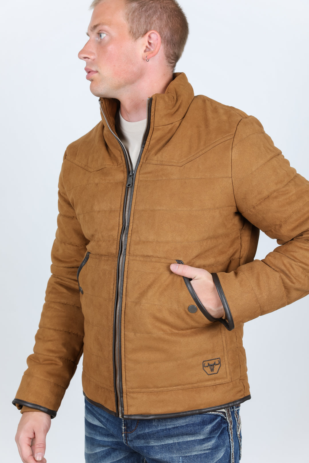 Mens Fur Lined Quilted Faux Suede Jacket - Camel