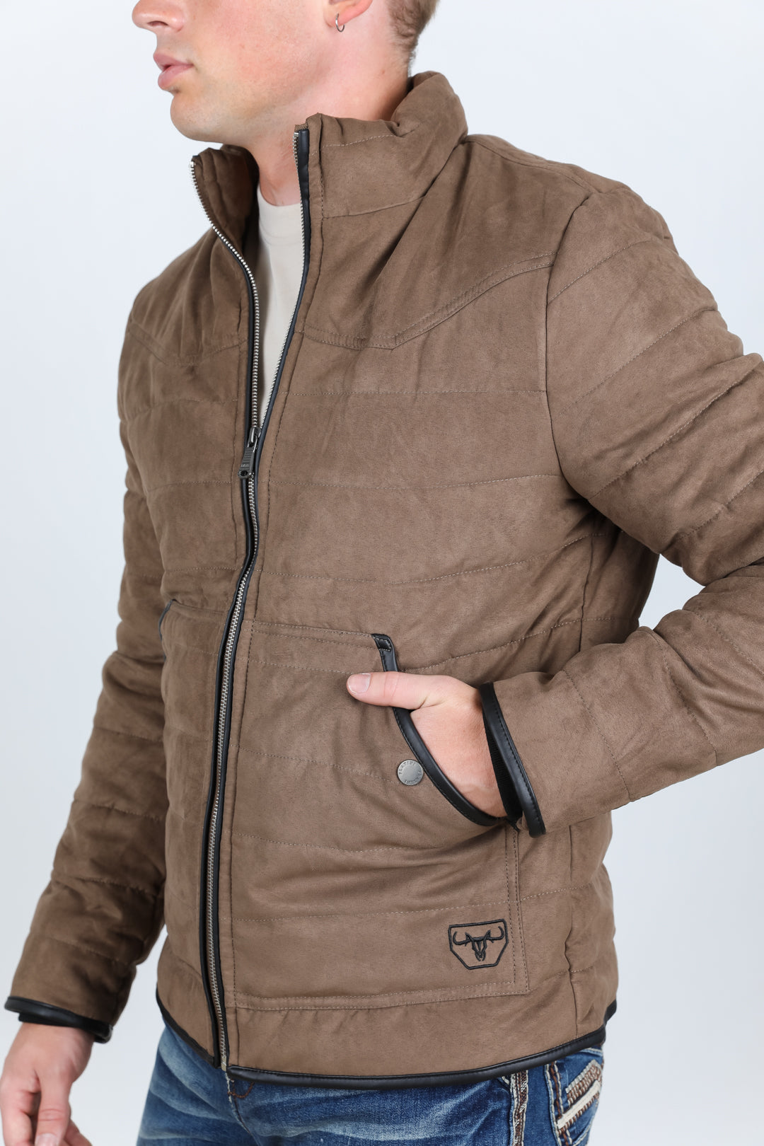 Mens Fur Lined Quilted Faux Suede Jacket - Brown