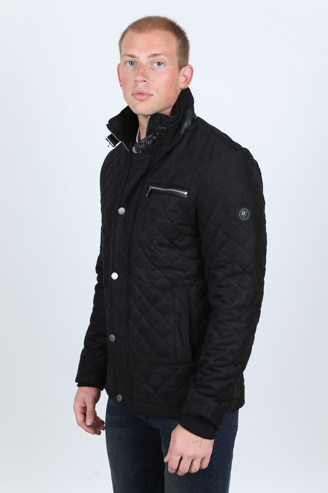 Mens Fur Lined Quilted Faux Suede Coat - Black