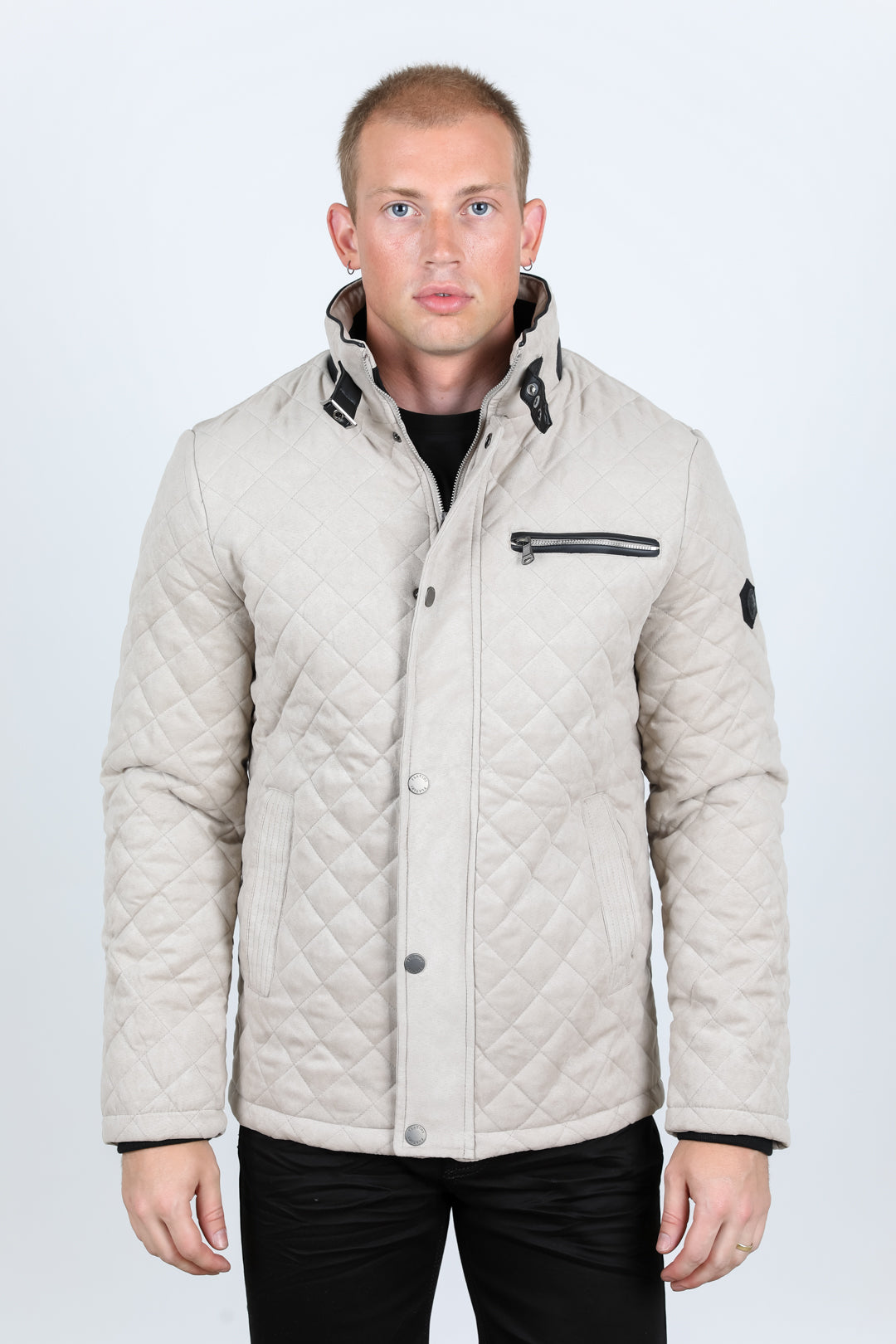 Mens Fur Lined Quilted Faux Suede Coat - Gray