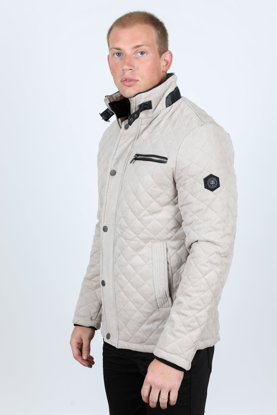 Mens Fur Lined Quilted Faux Suede Coat - Gray