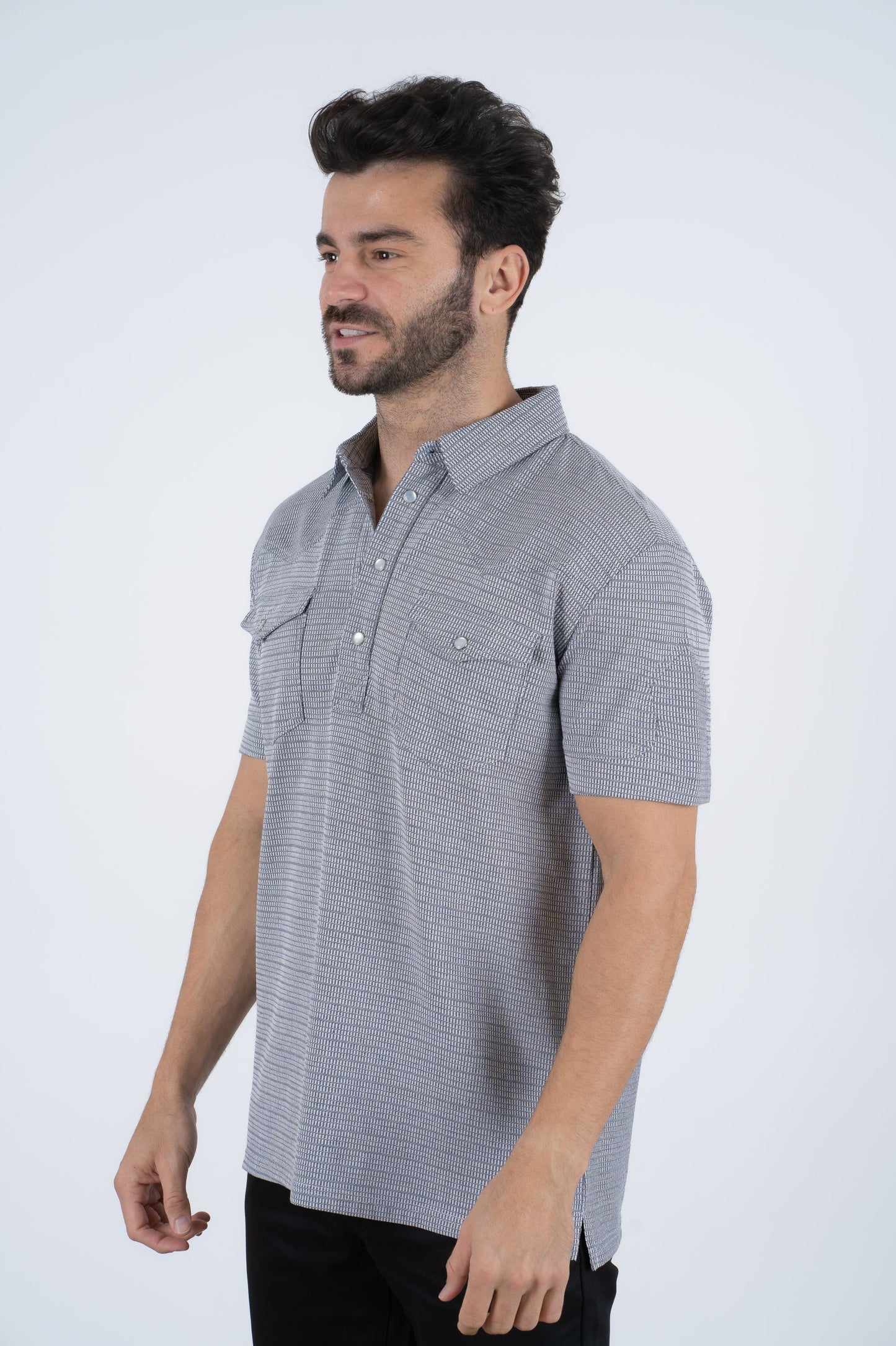 Mens Pearl Snap Buttons White Western Polo