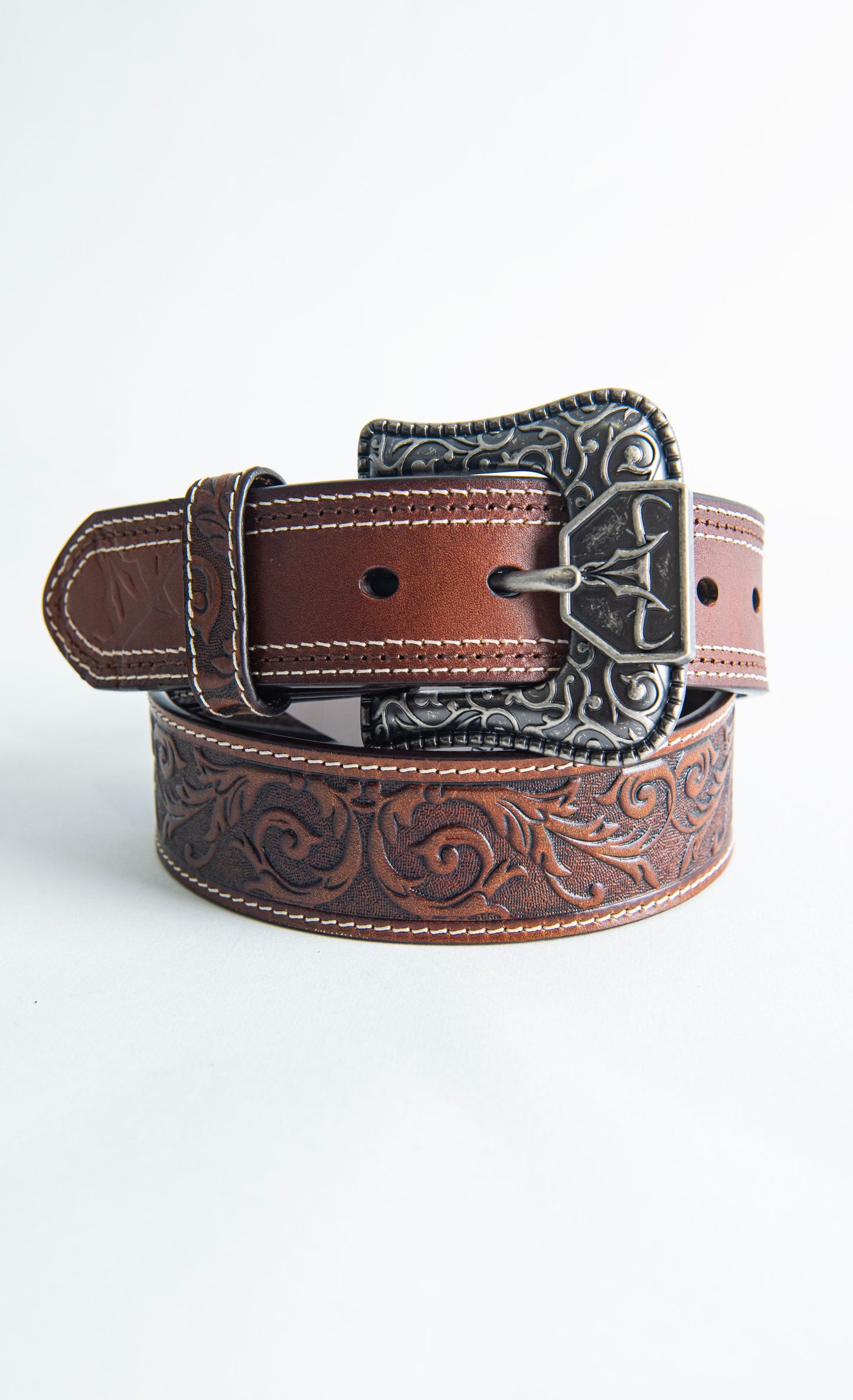 Mens Genuine Leather Stamped Belt - Brown