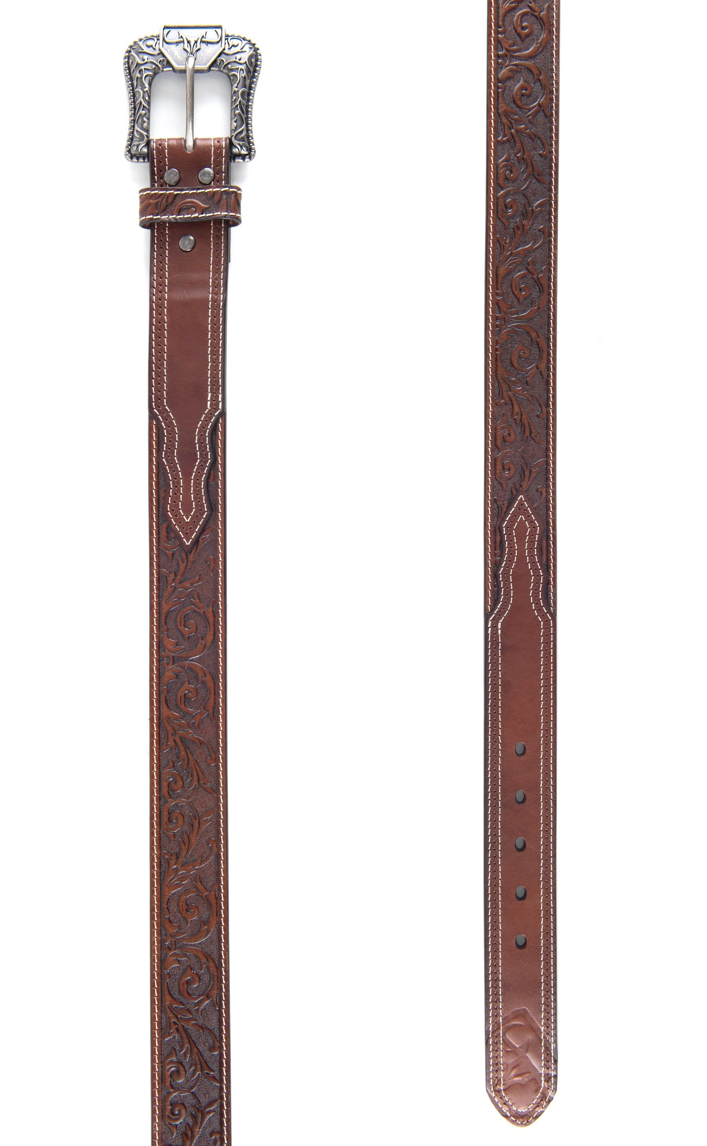 Mens Genuine Leather Stamped Belt - Brown