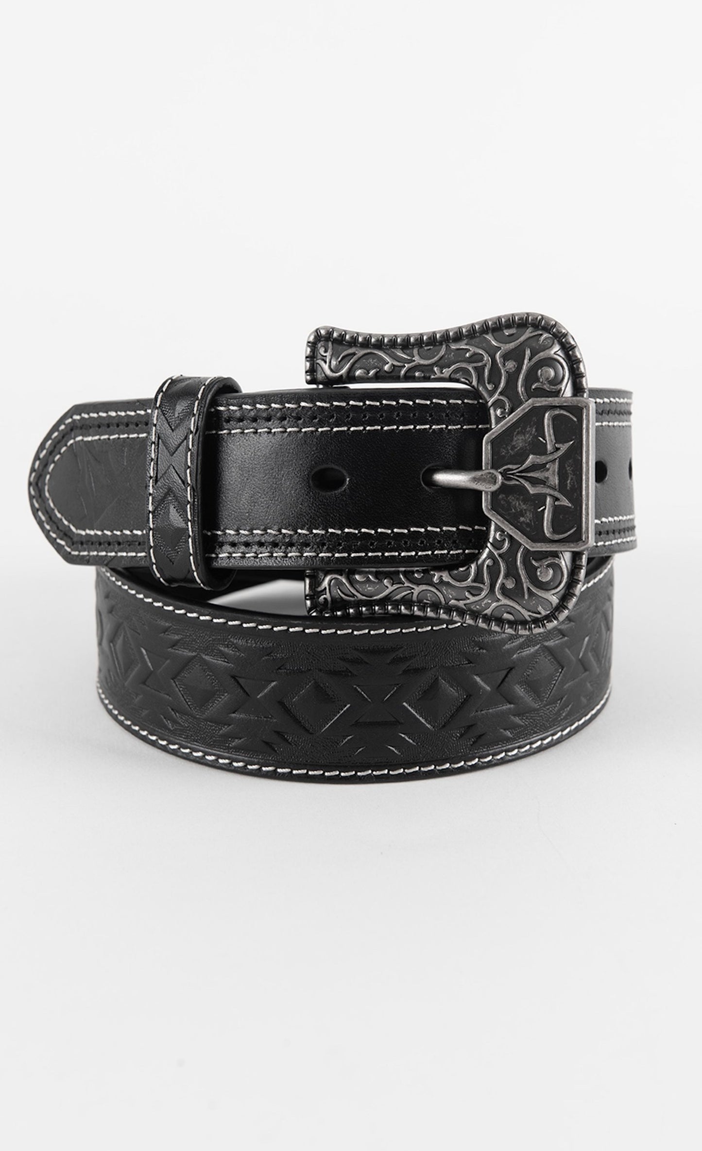 Genuine Leather Aztec Textured Buckle Belt - Black