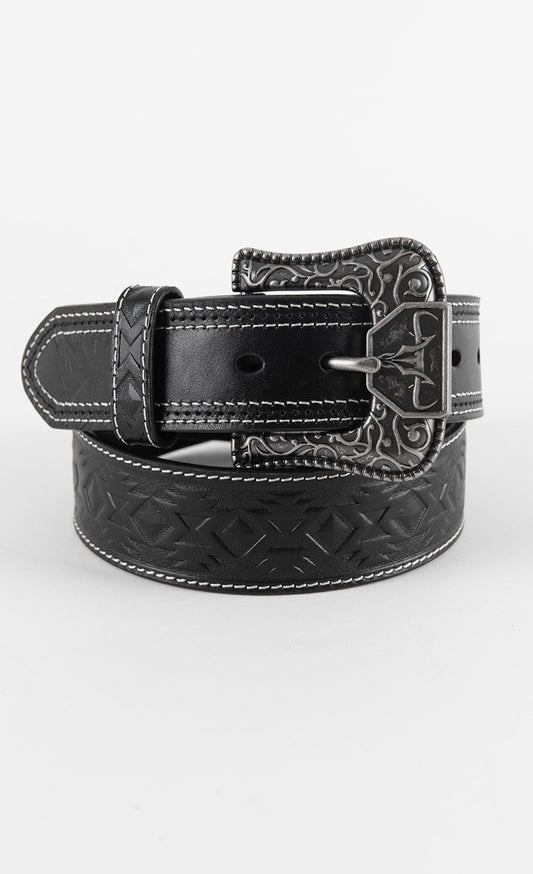 Mens Genuine Leather Aztec 3D Embossed Belt - Black