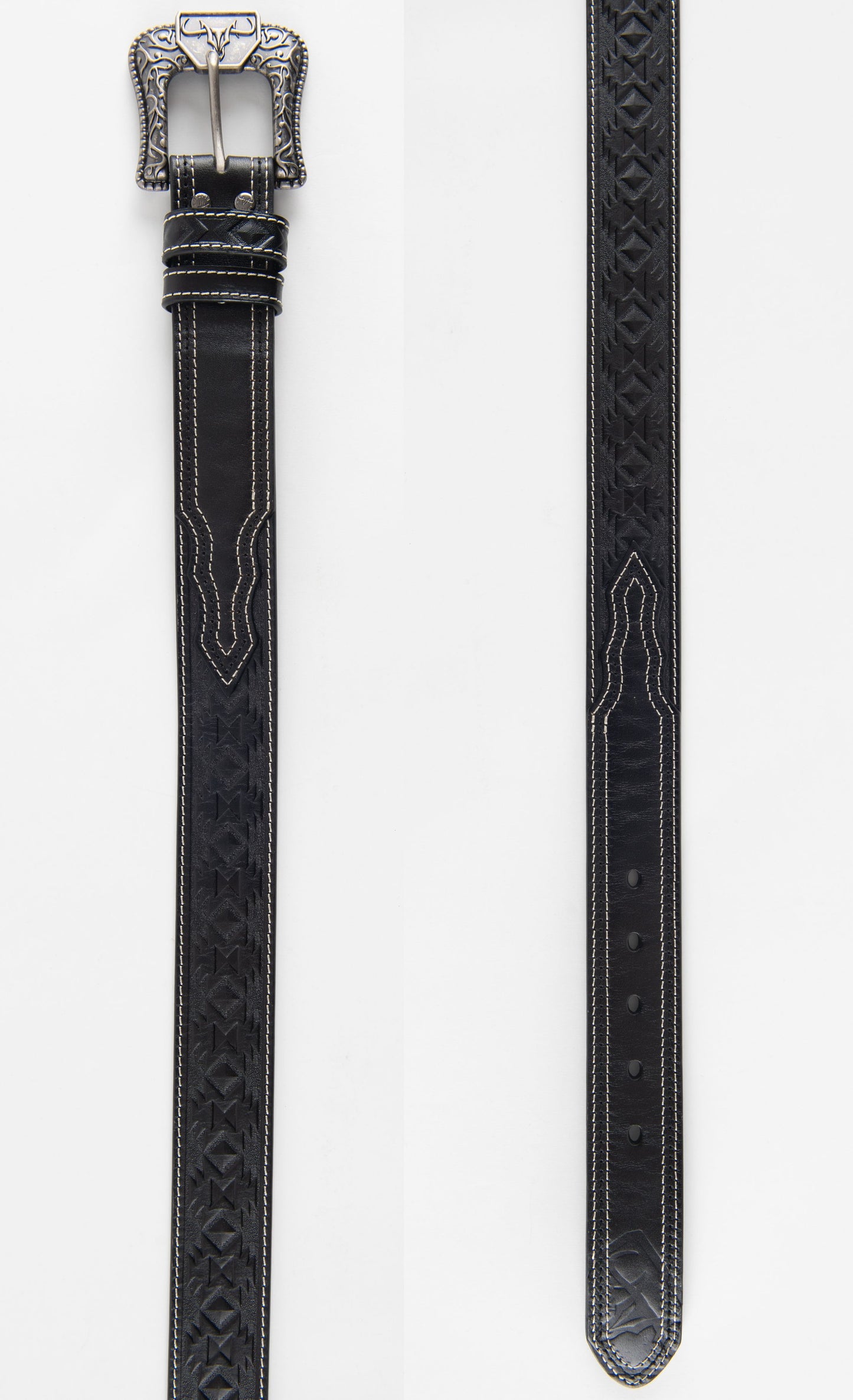 Genuine Leather Aztec Textured Buckle Belt - Black