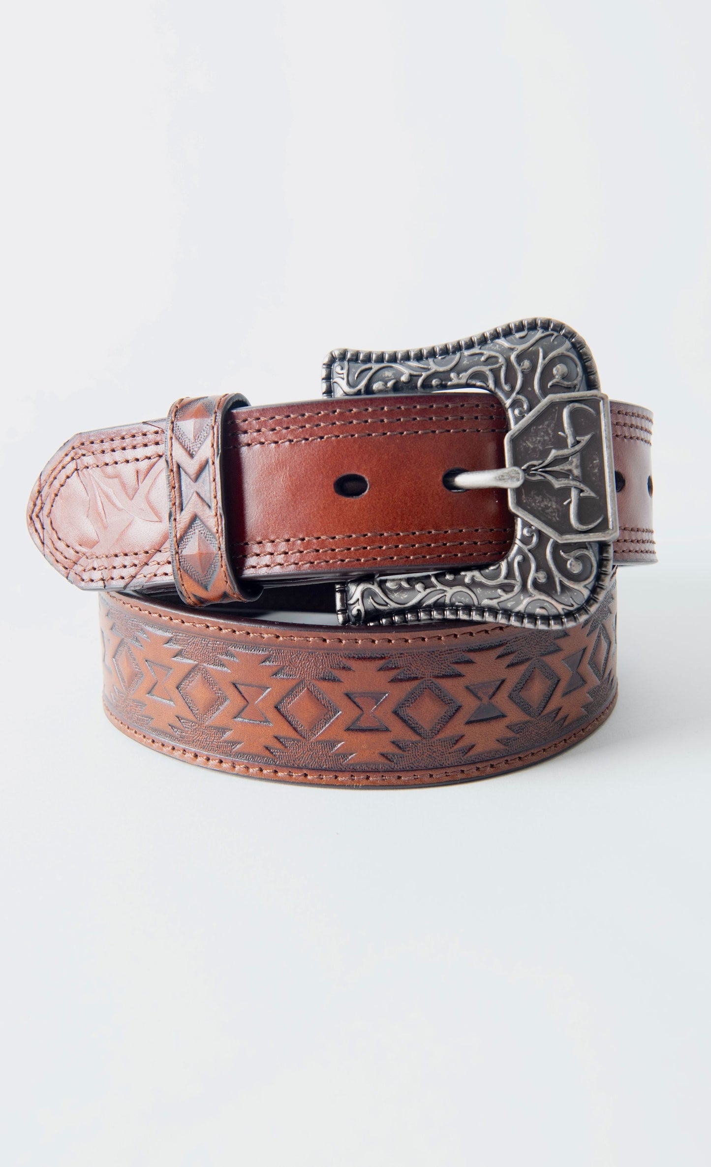 Genuine Leather Aztec Textured Buckle Belt - Brown