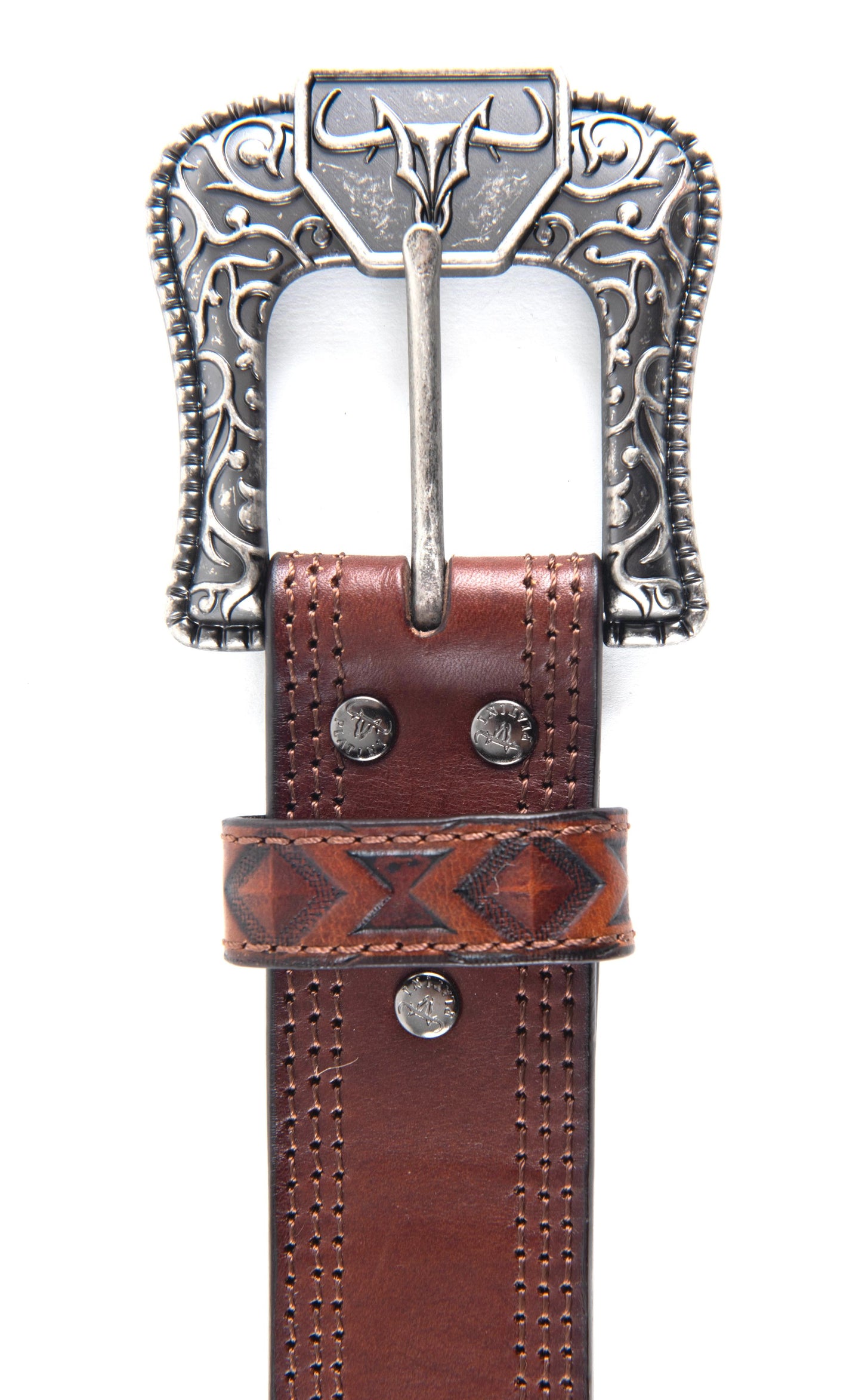 Genuine Leather Aztec Textured Buckle Belt - Brown