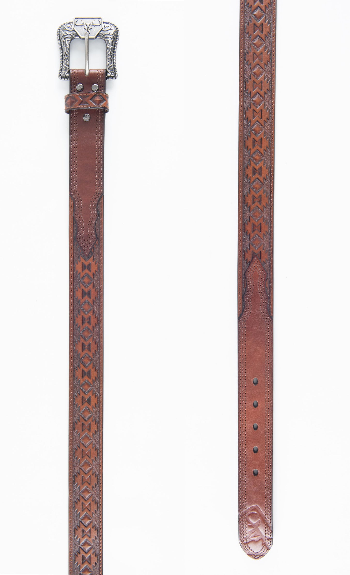 Genuine Leather Aztec Textured Buckle Belt - Brown