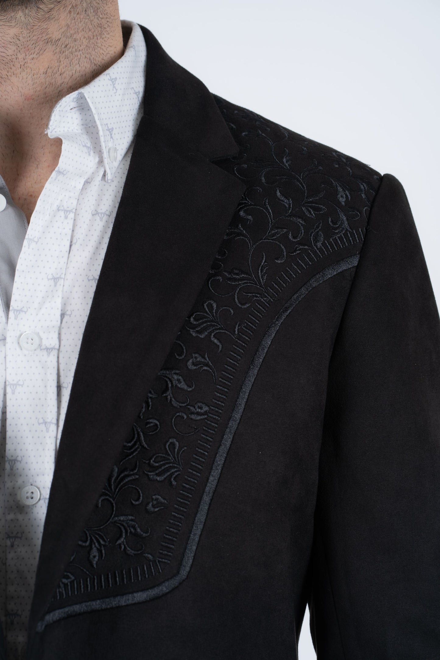 Men's Black Embroidered Faux-Suede Blazer
