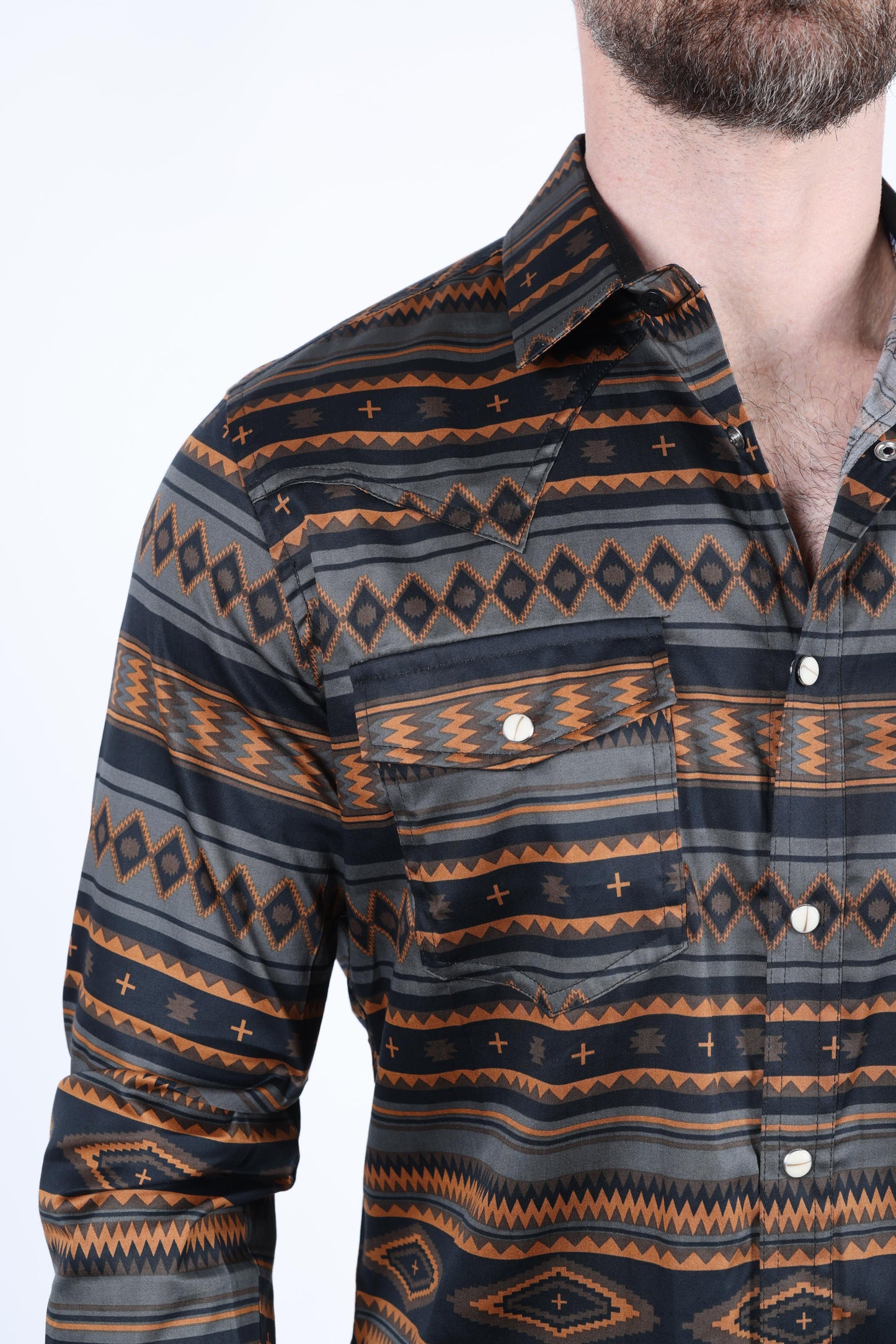 Mens Cotton Modern Fit Stretch Aztec Print Long Sleeve Western Shirt