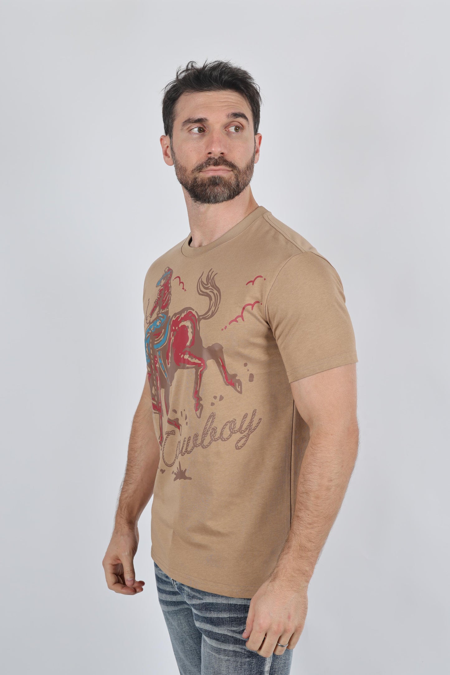 Mens Modern Fit Cotton Stretch Horse-Rider Print T-Shirt