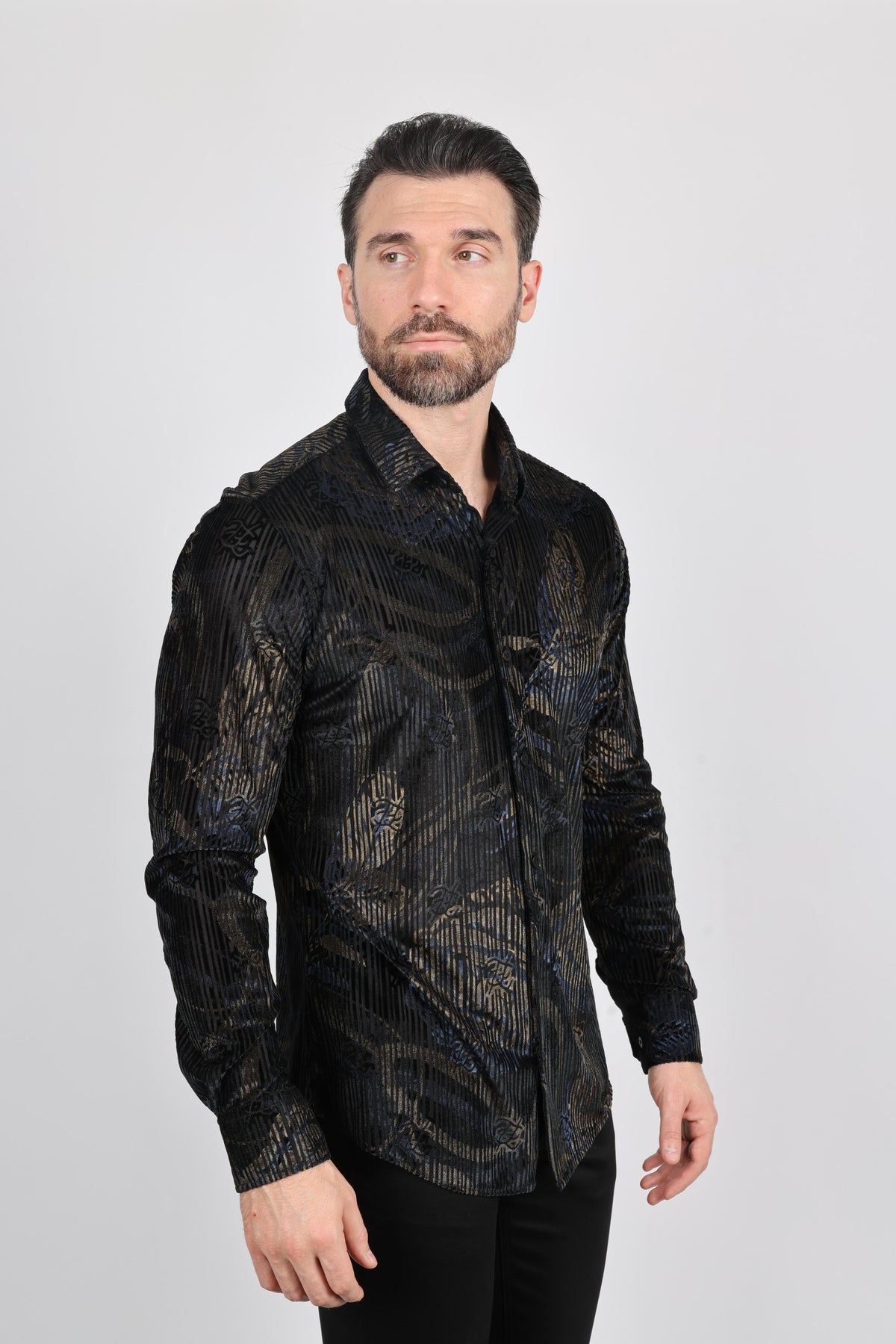 jet black modern fit stretch velvet shirt men platini back