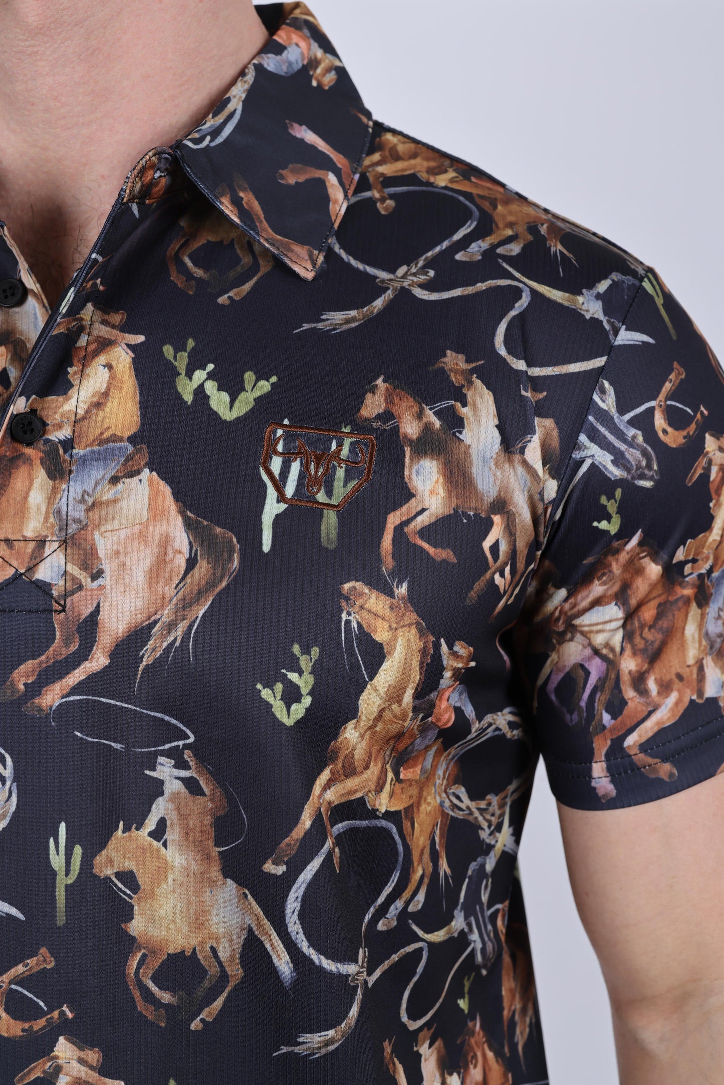 Mens Performance Fabric Modern Fit Stretch Rodeo Print Polos