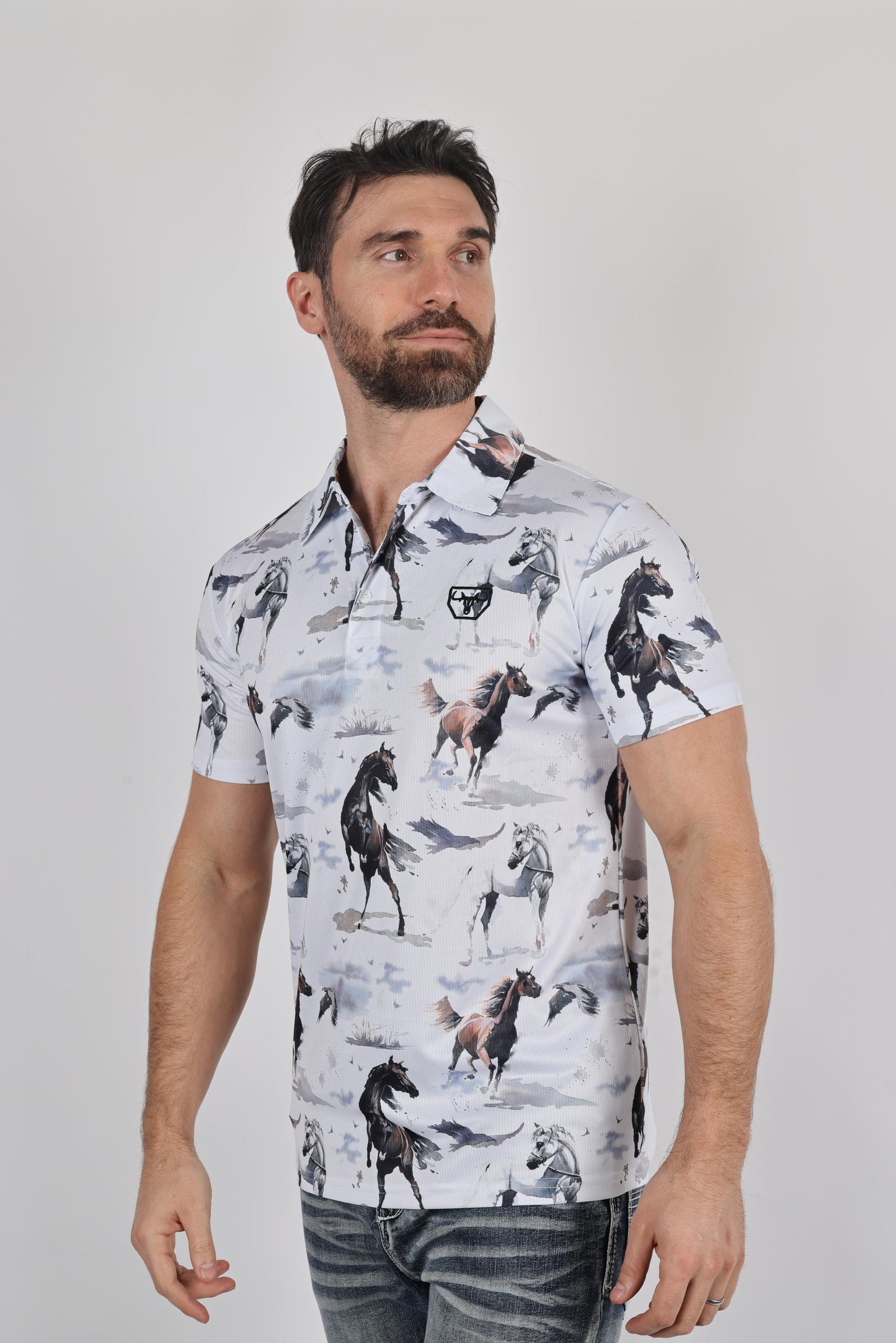 Mens Performance Fabric Modern Fit Stretch Rodeo Print Polos