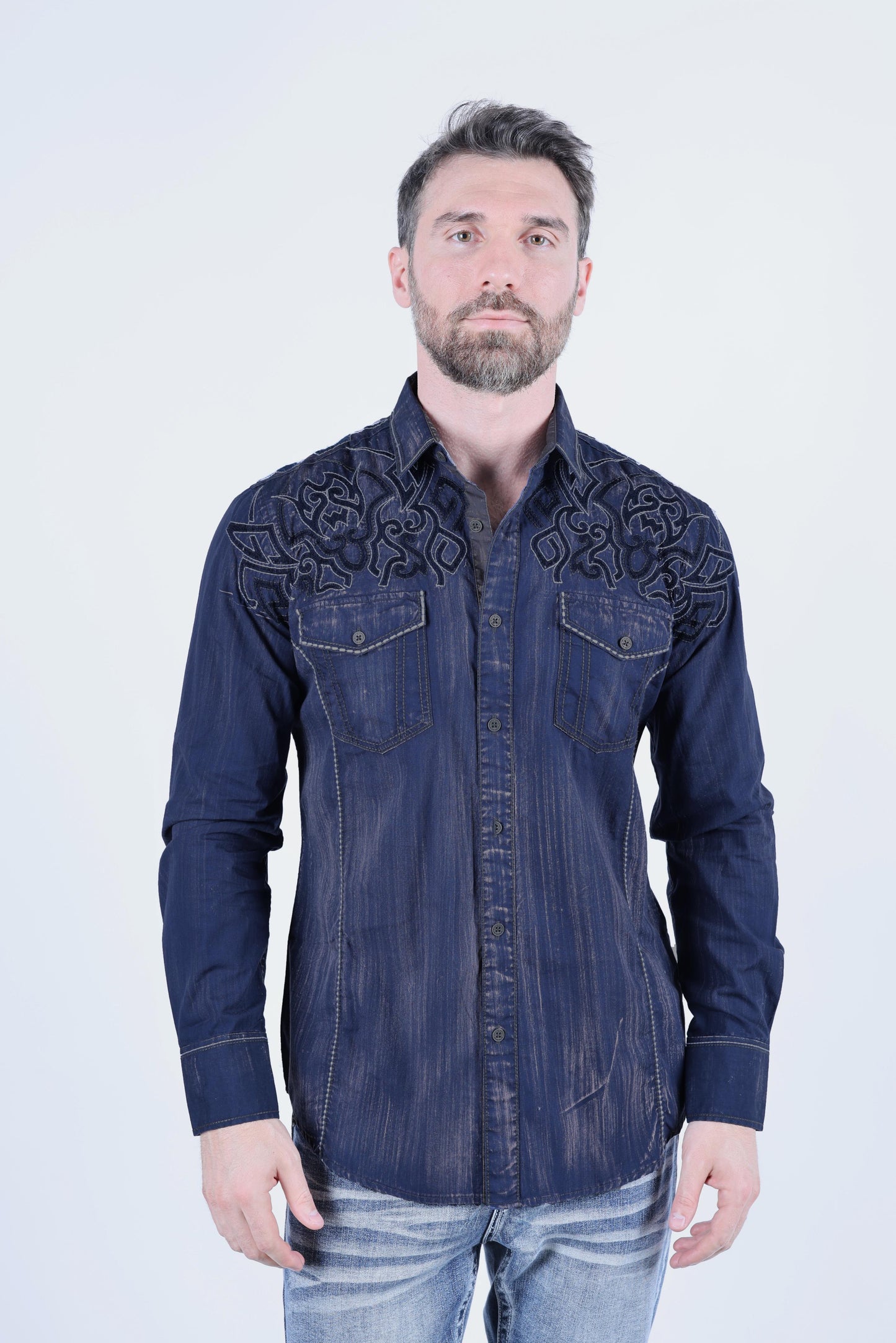 Mens Vintage Washed 2-tone Embroidery Modern Fit Stretch Shirt