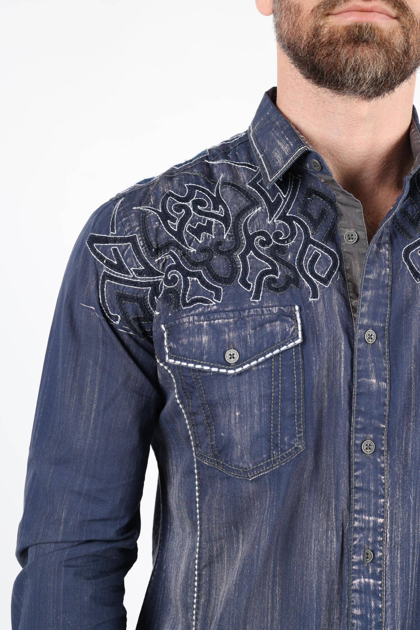 Mens Vintage Washed 2-tone Embroidery Modern Fit Stretch Shirt