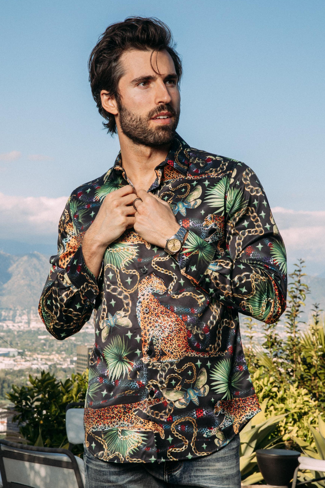 black rhinestone tropical print shirt platini