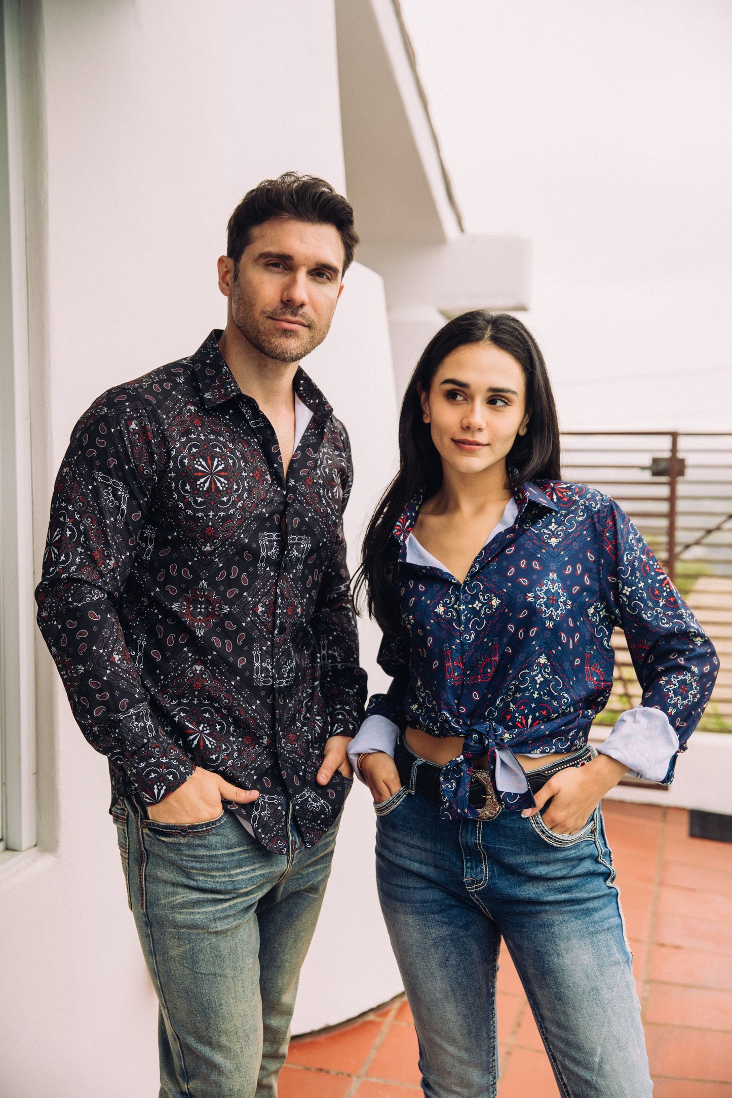 Men's Printed Navy Satin LS Shirt