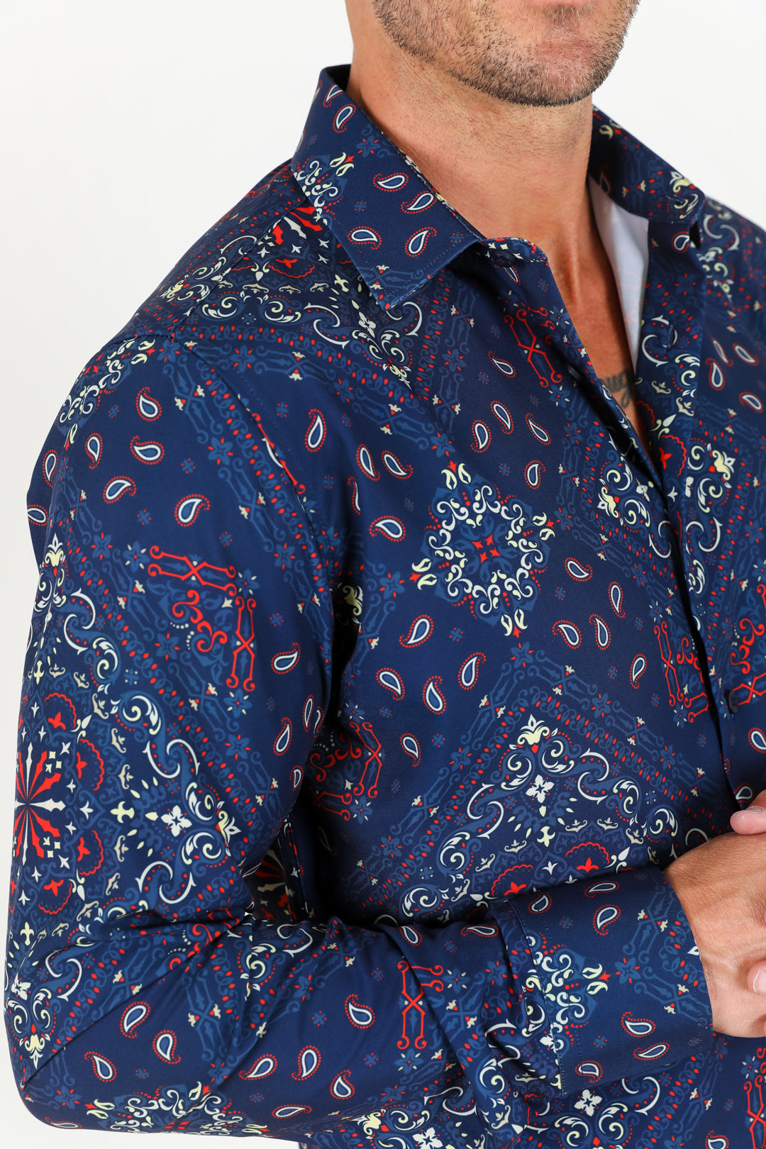 Men's Printed Navy Satin LS Shirt