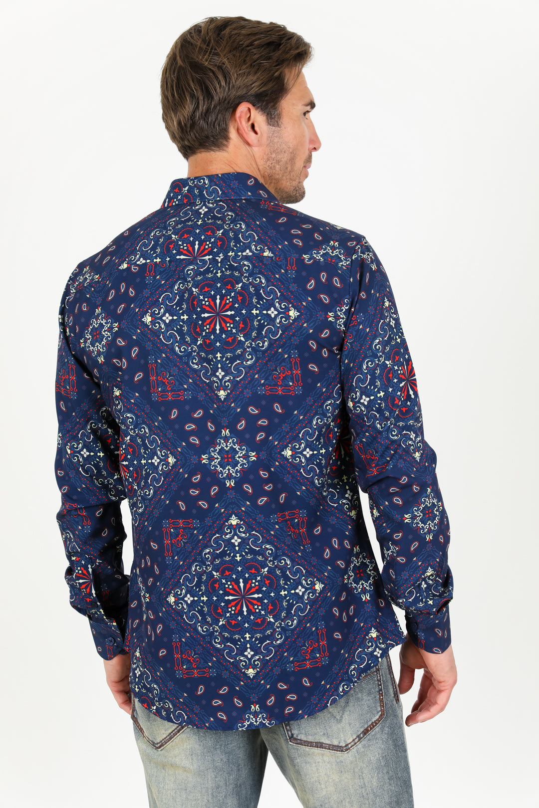 Men's Printed Navy Satin LS Shirt