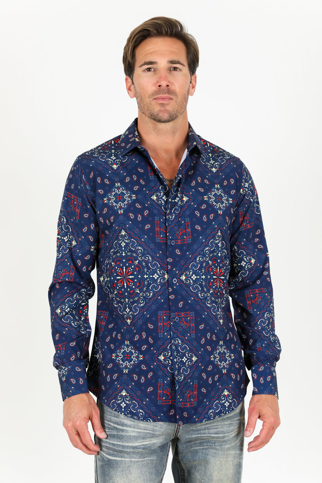 Men's Printed Navy Satin LS Shirt – Platini Fashion