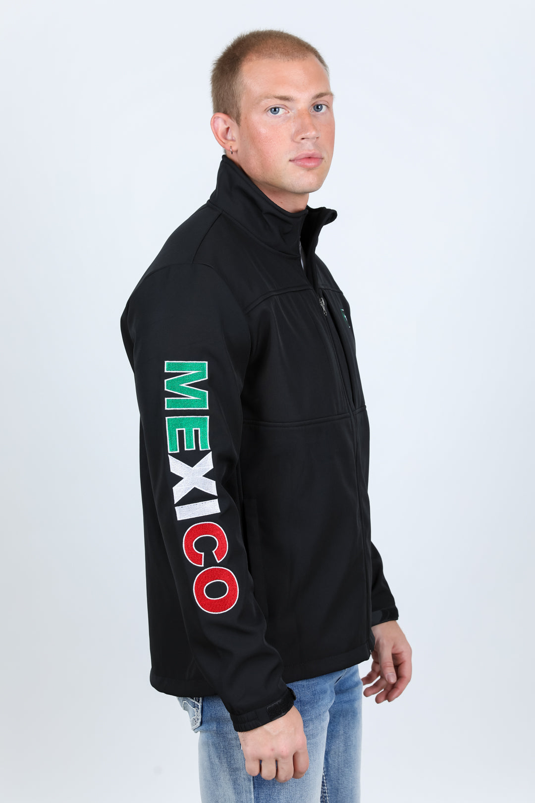 Mens Softshell Water-Resistant Jacket with Mexico Embroidery - Black