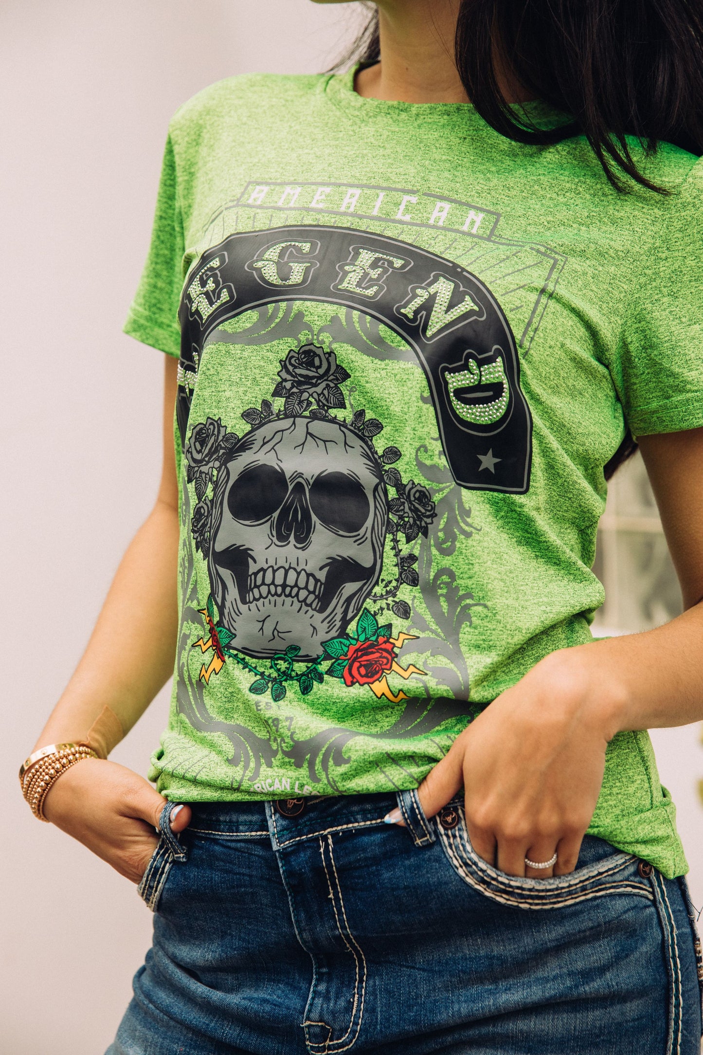 Women's Cotton American Legend Graphic Print Green T-shirt