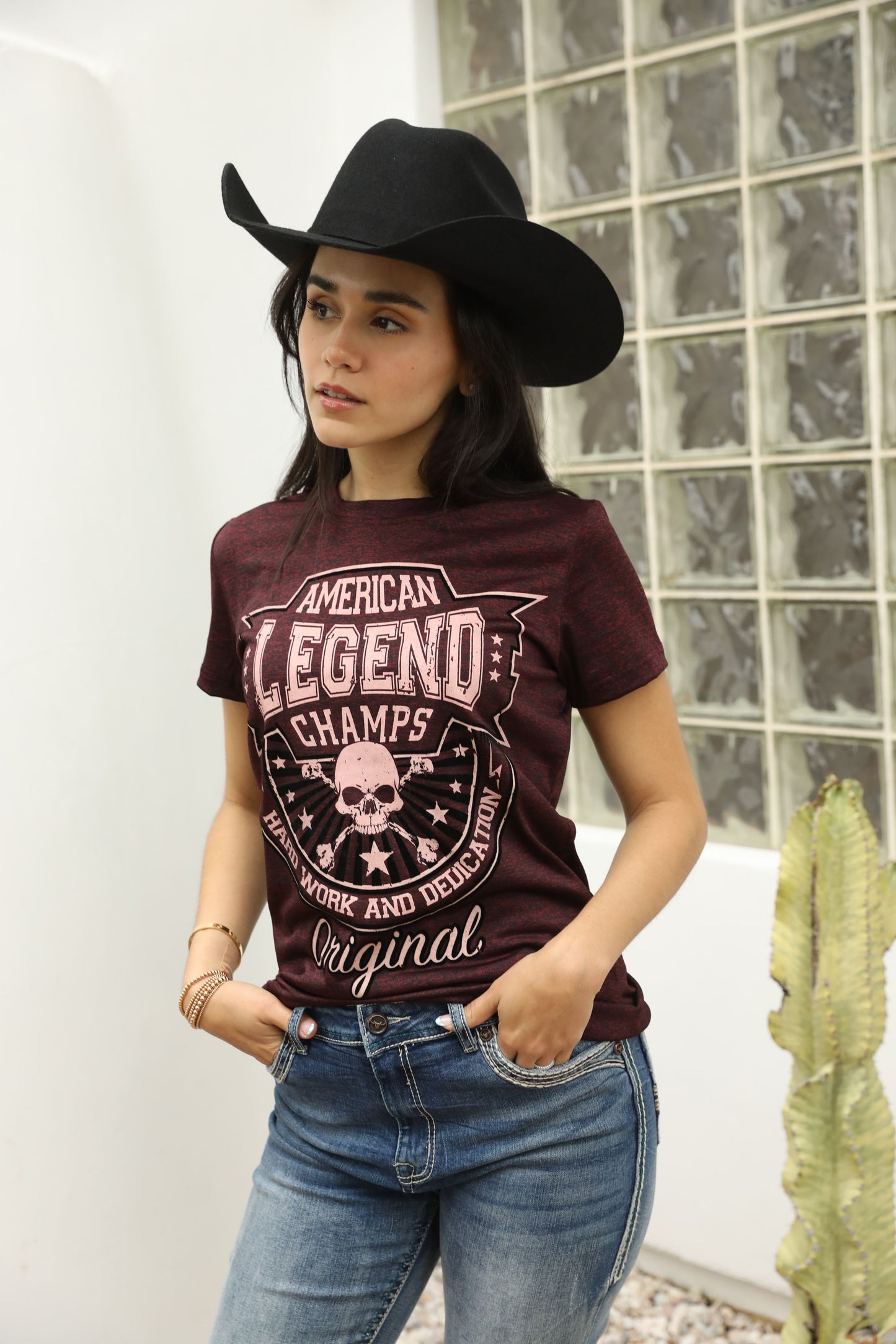 Women's Cotton American Legend Graphic Print Wine T-shirt