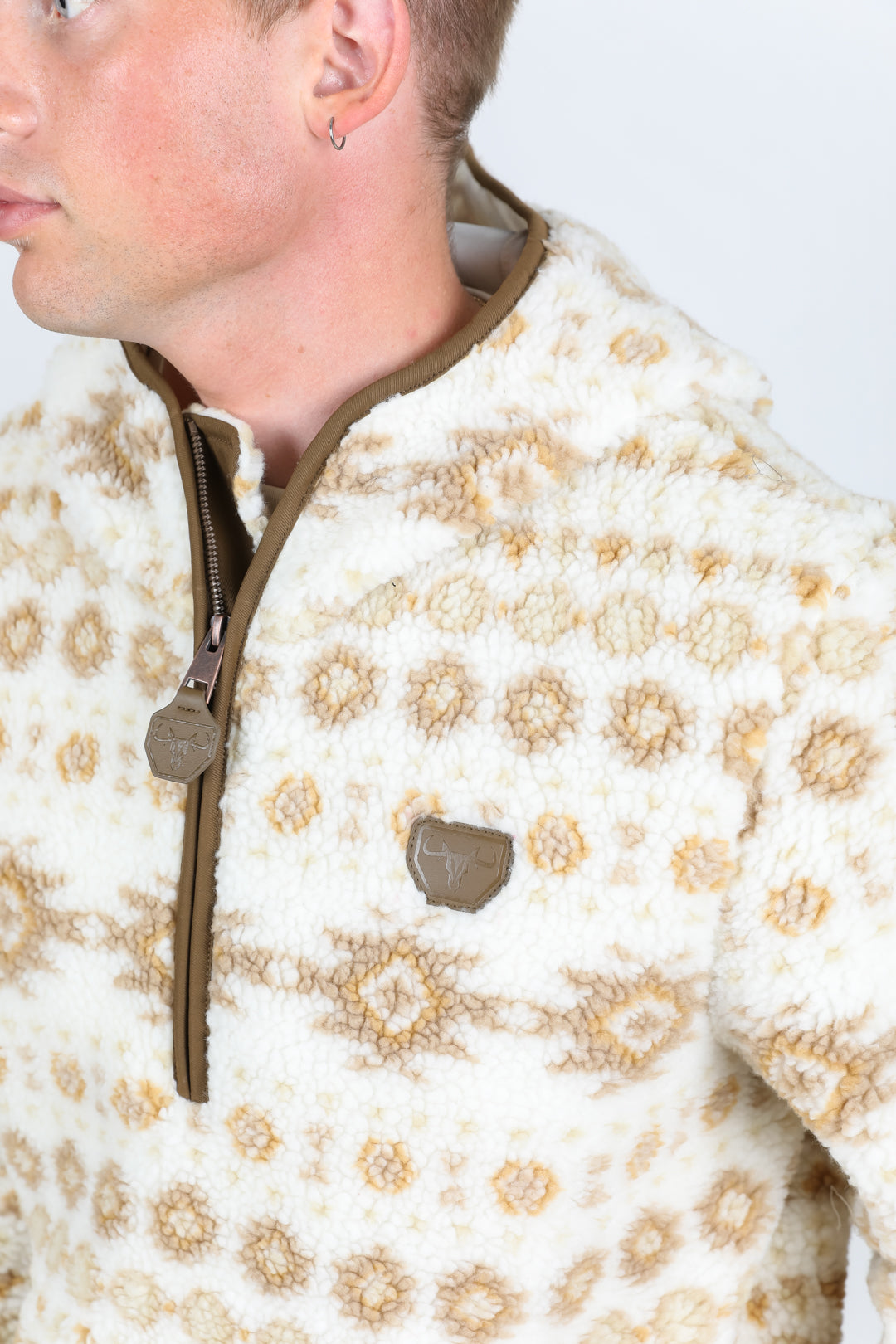 Mens Aztec Sherpa Hooded Pullover - Cream